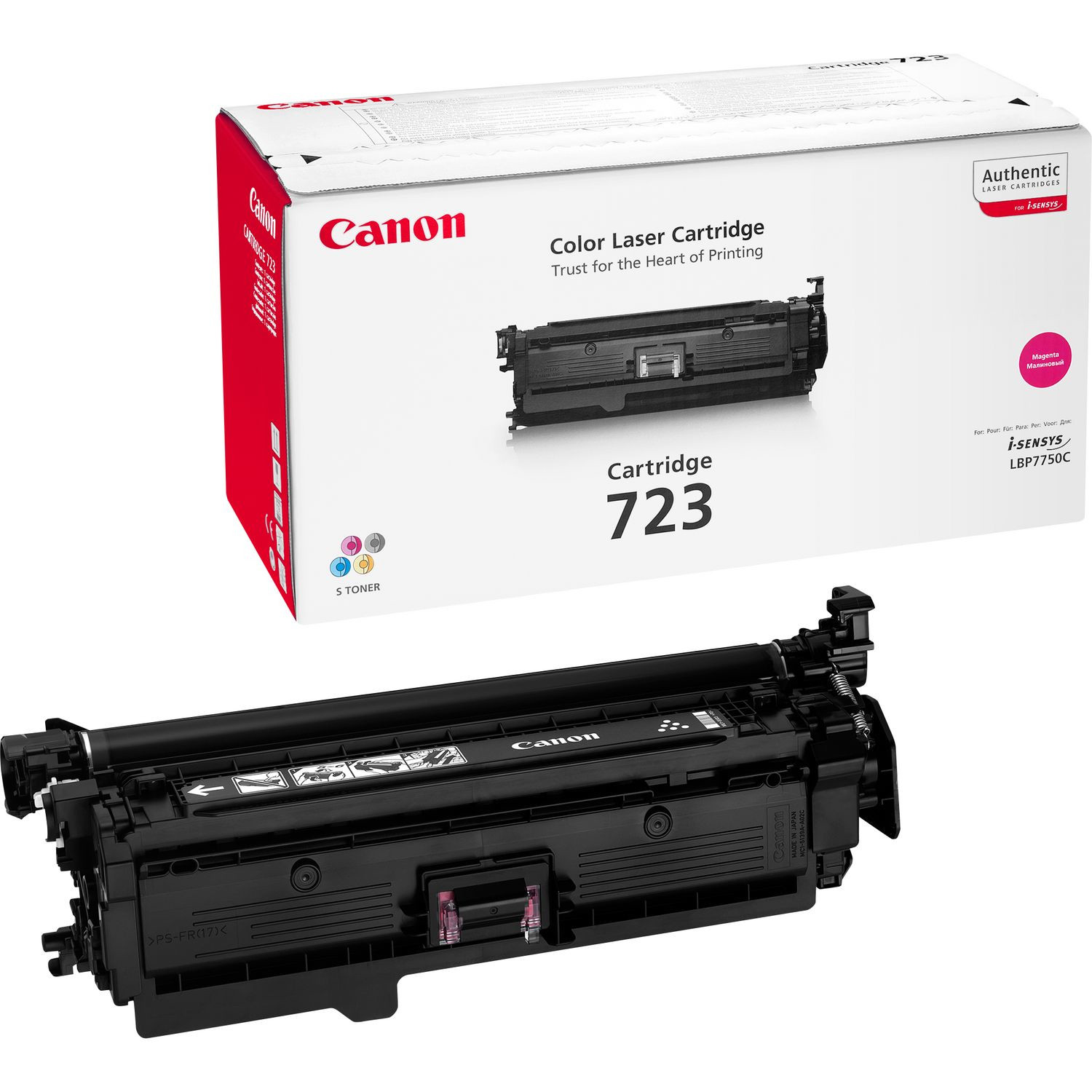Canon renkli lazer yazıcı kartuşu ve kutusu. Kartuş siyah ve Canon logosu var.