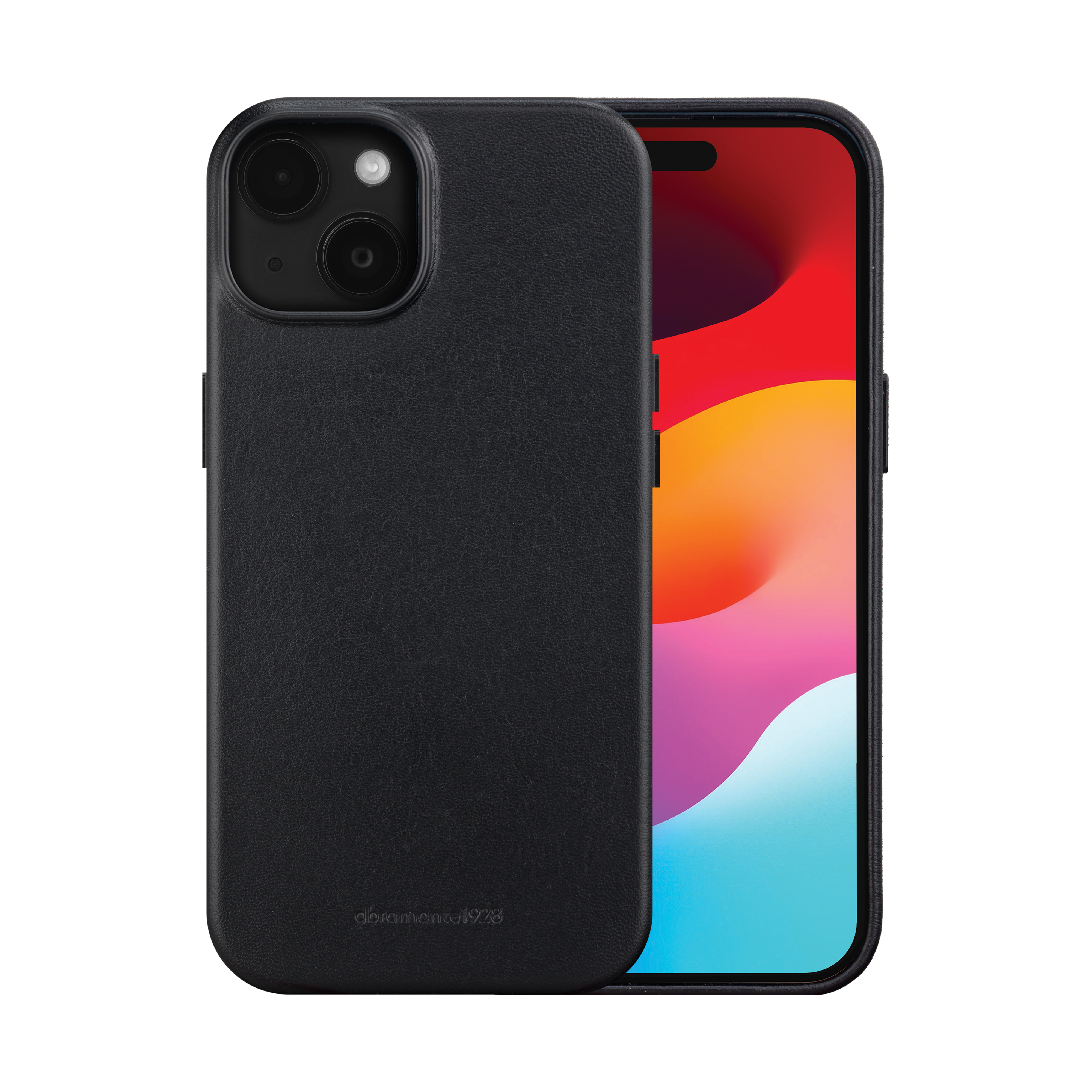 Eine schwarze Handyhülle auf einem schwarzen Handy mit buntem Hintergrund, isoliert auf Weiß.