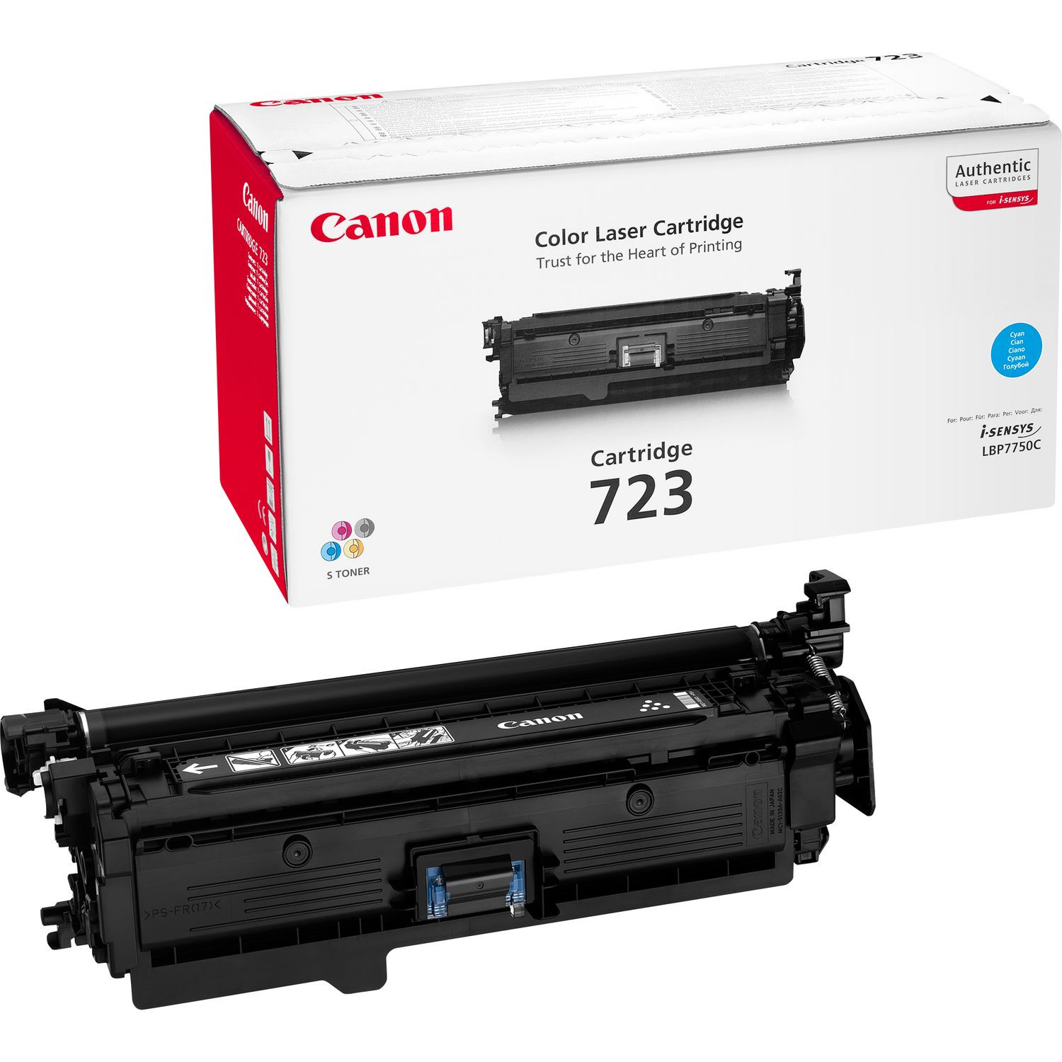 Cartucho láser color Canon 723 en su caja y un cartucho aparte sobre fondo blanco.
