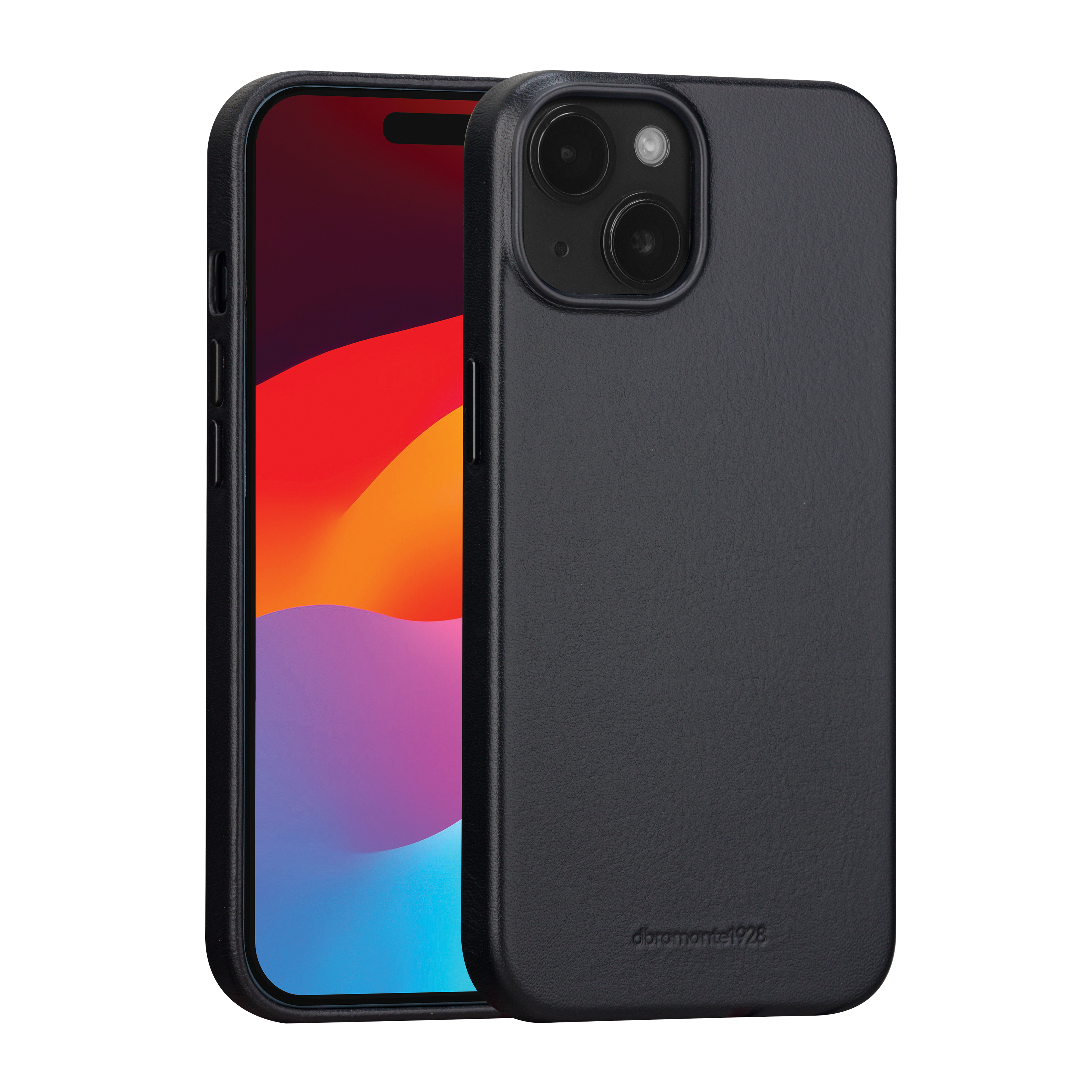 Eine schwarze Handyhülle mit Telefon. Sie hat eine Kameraaussparung.