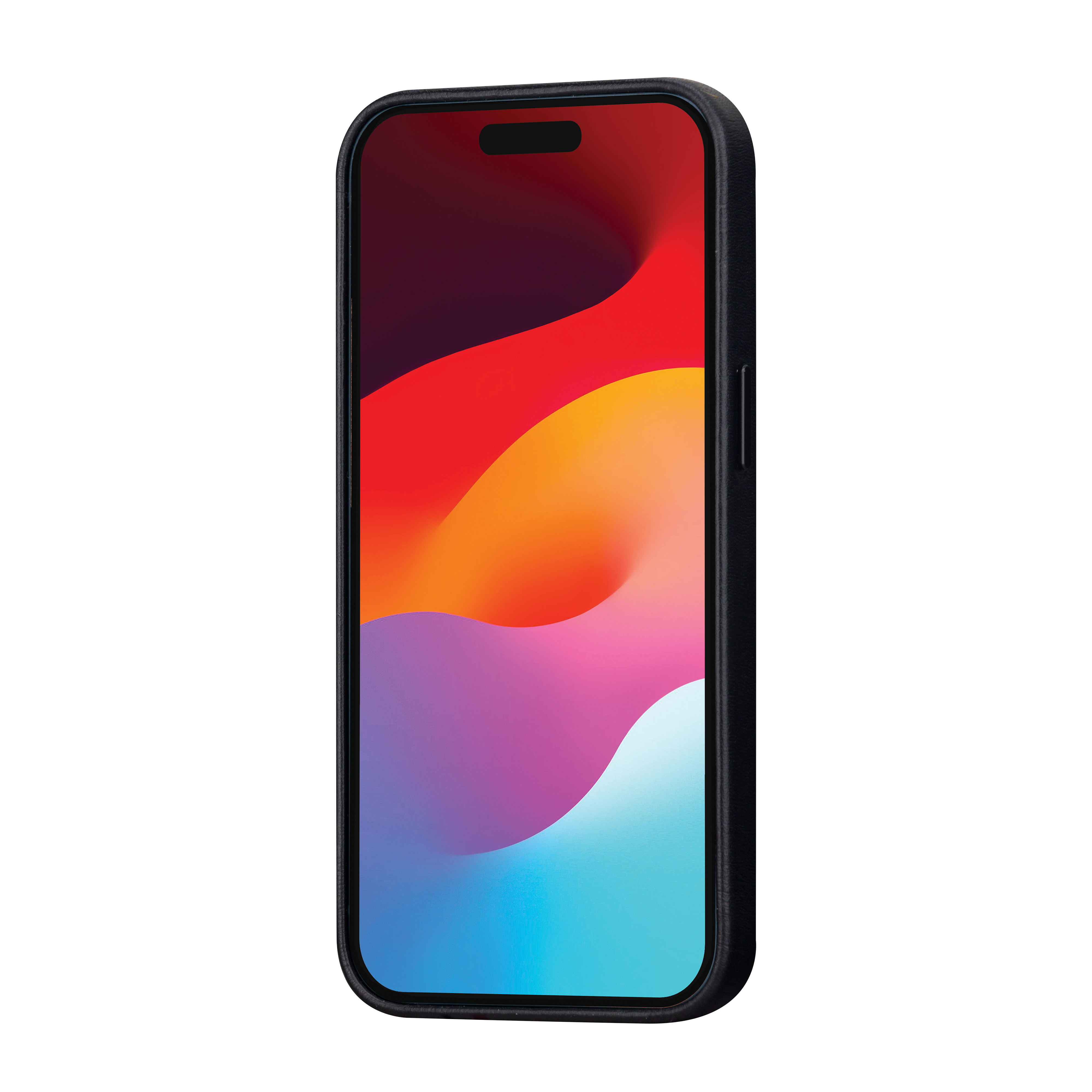 Schwarzes Telefon mit farbenfrohem Hintergrund auf dem Bildschirm. Schwarzes Gehäuse.