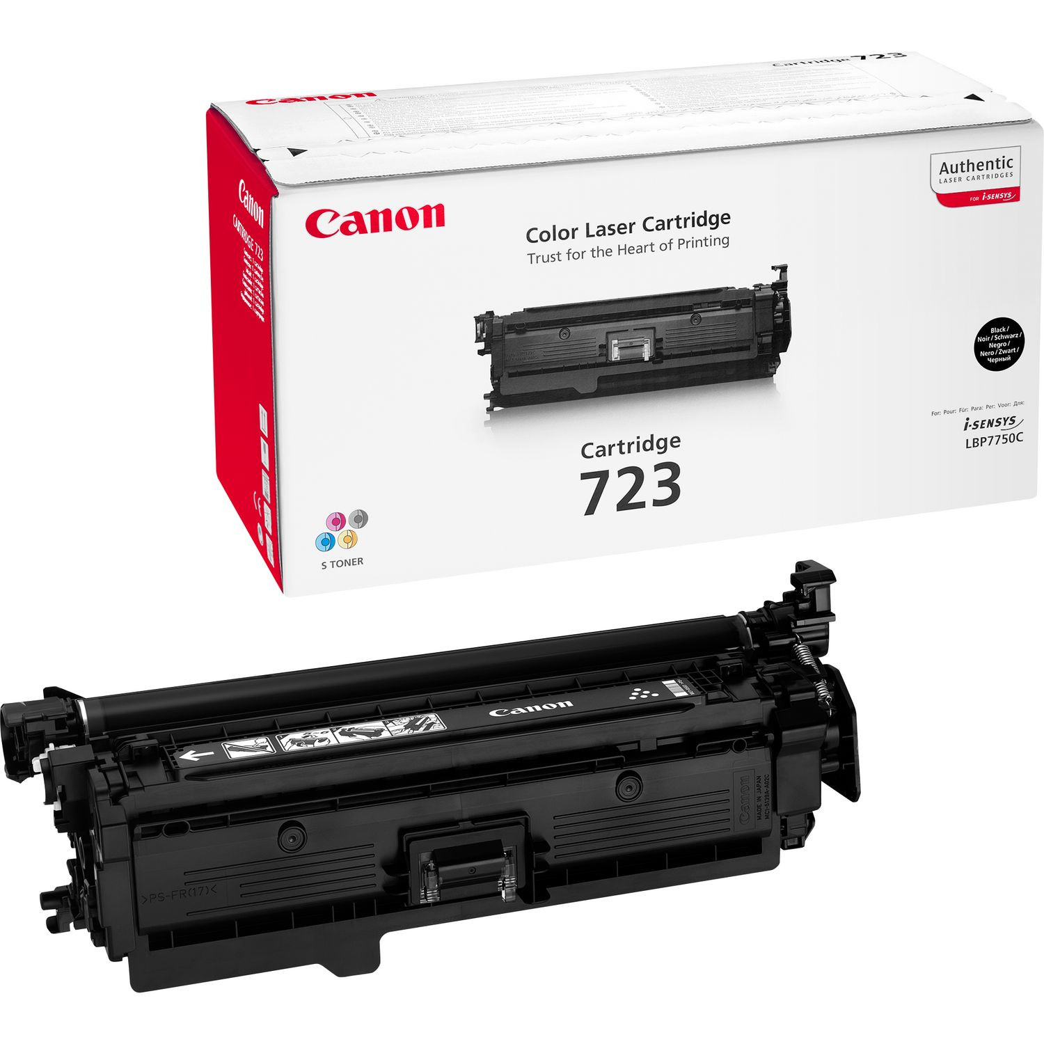 Canon 723 renkli lazer kartuşu ve kutusu. Siyah kartuş, kırmızı detaylı beyaz kutu. Logo ve metin.