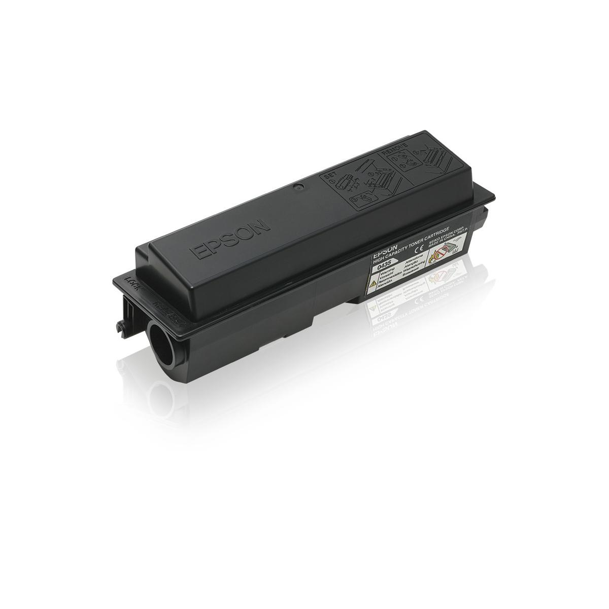 Una cartuccia toner Epson nera con il marchio visibile, su una superficie bianca.