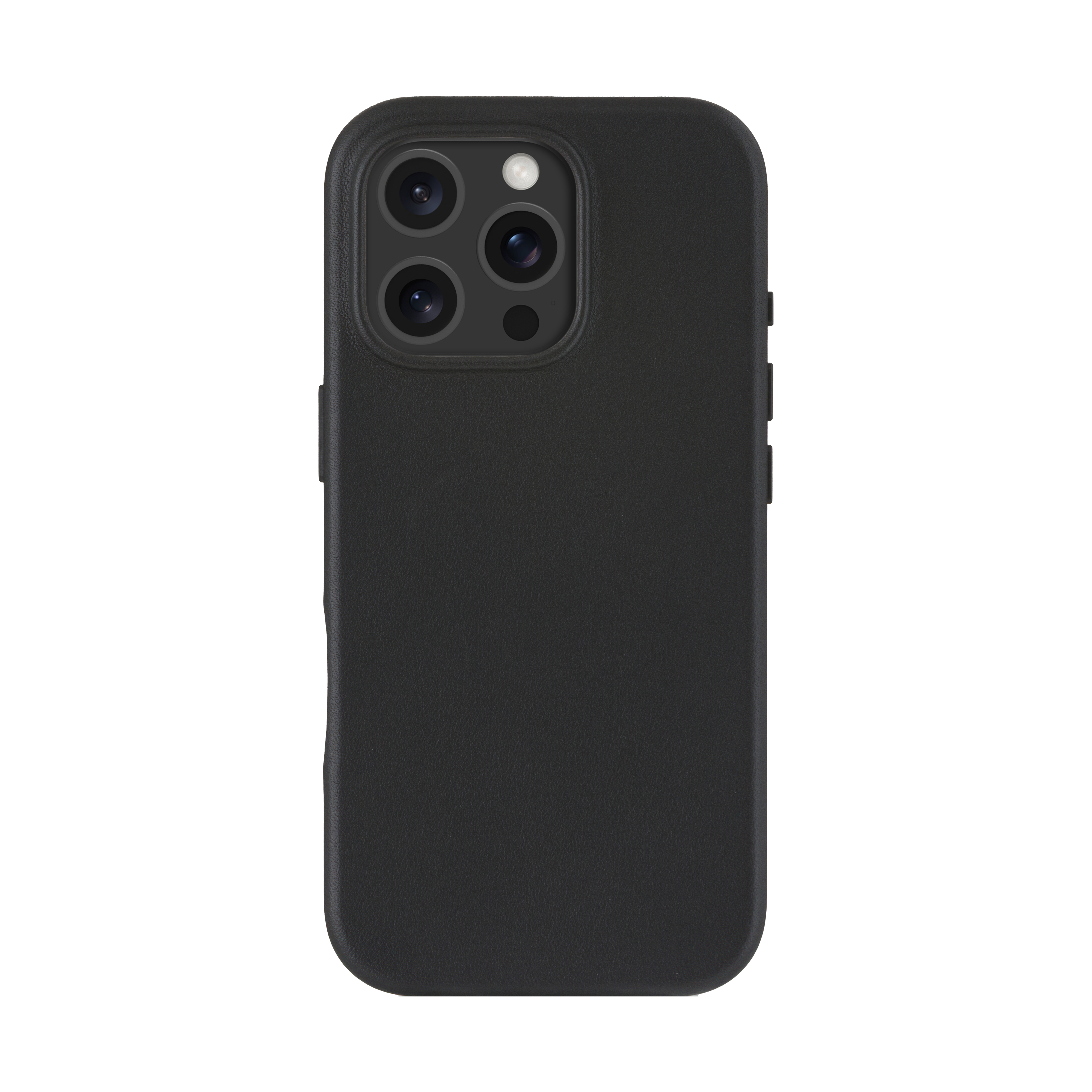 Coque de téléphone noire, vue arrière, montrant les lentilles de l'appareil photo. Design noir et élégant.
