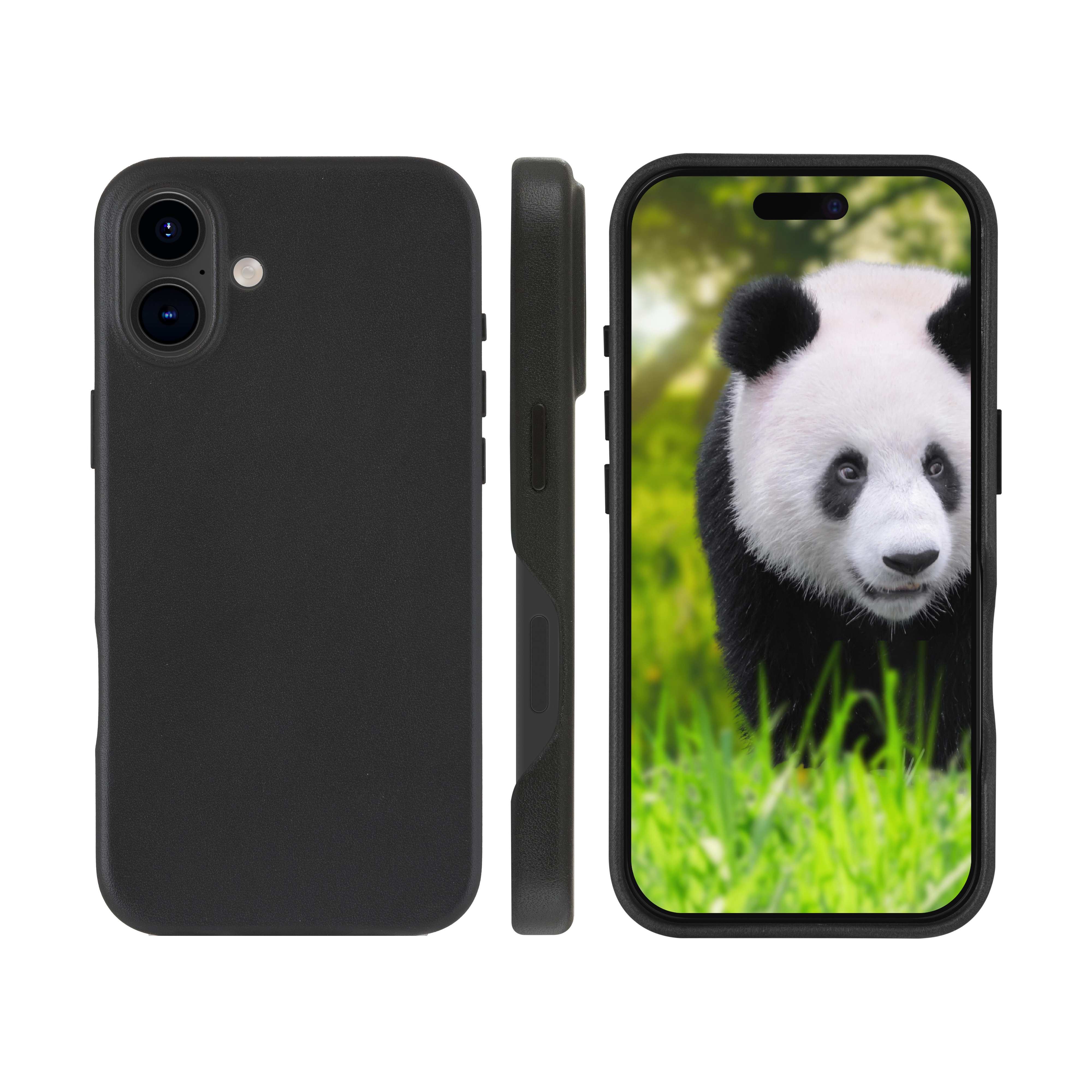 Un téléphone avec une image de panda sur l'écran. Le téléphone est dans un étui noir avec une caméra noire.