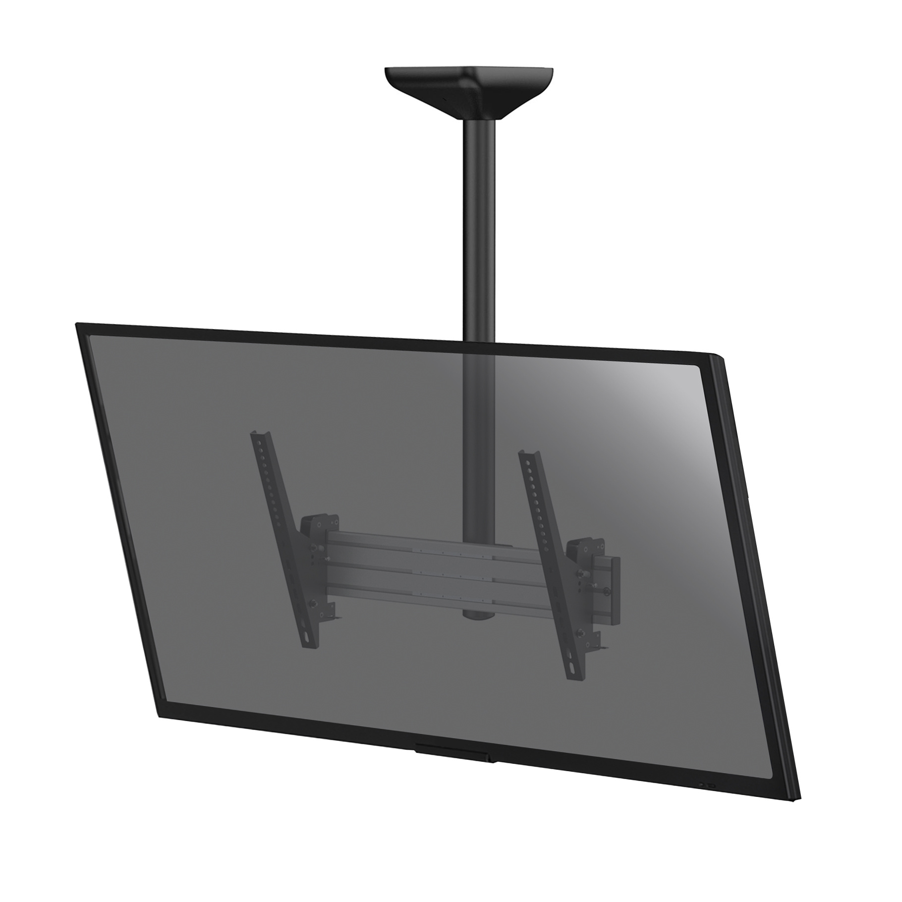 Supporto TV nero fissato al soffitto. TV montata su di esso. Lo sfondo è bianco.