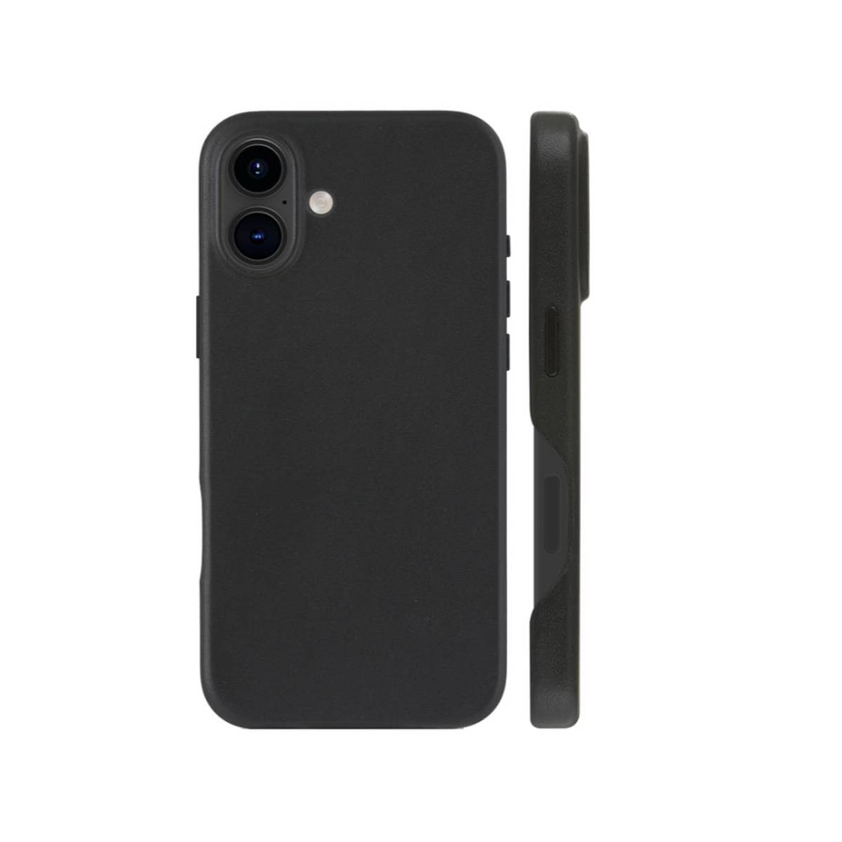 Une coque de téléphone noire, montrant la vue avant et latérale. La coque est sobre et minimaliste.