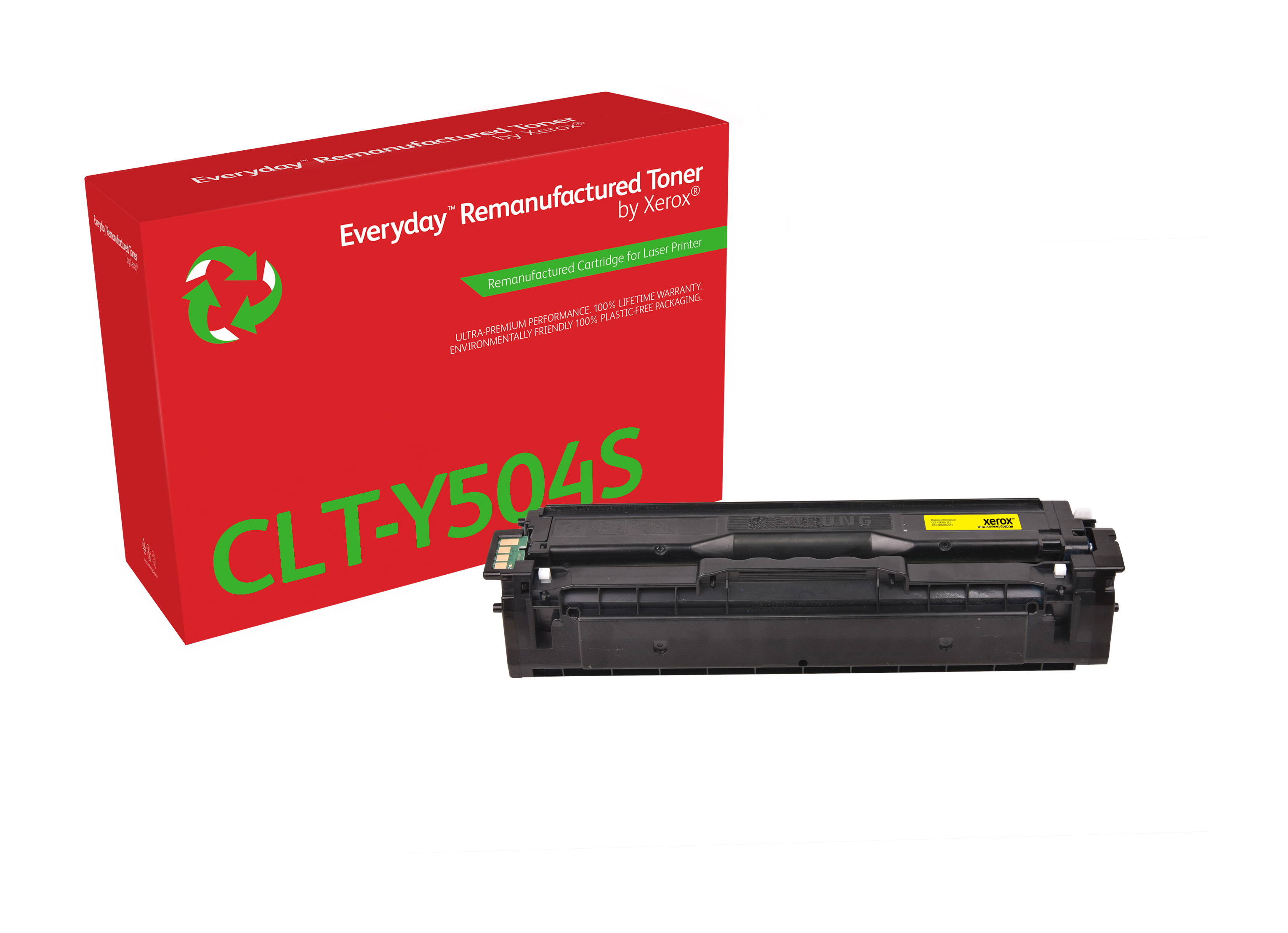 Rode doos met groen recyclingsymbool en een zwart-gele tonercartridge. Tekst: CLT-Y504S. Xerox.