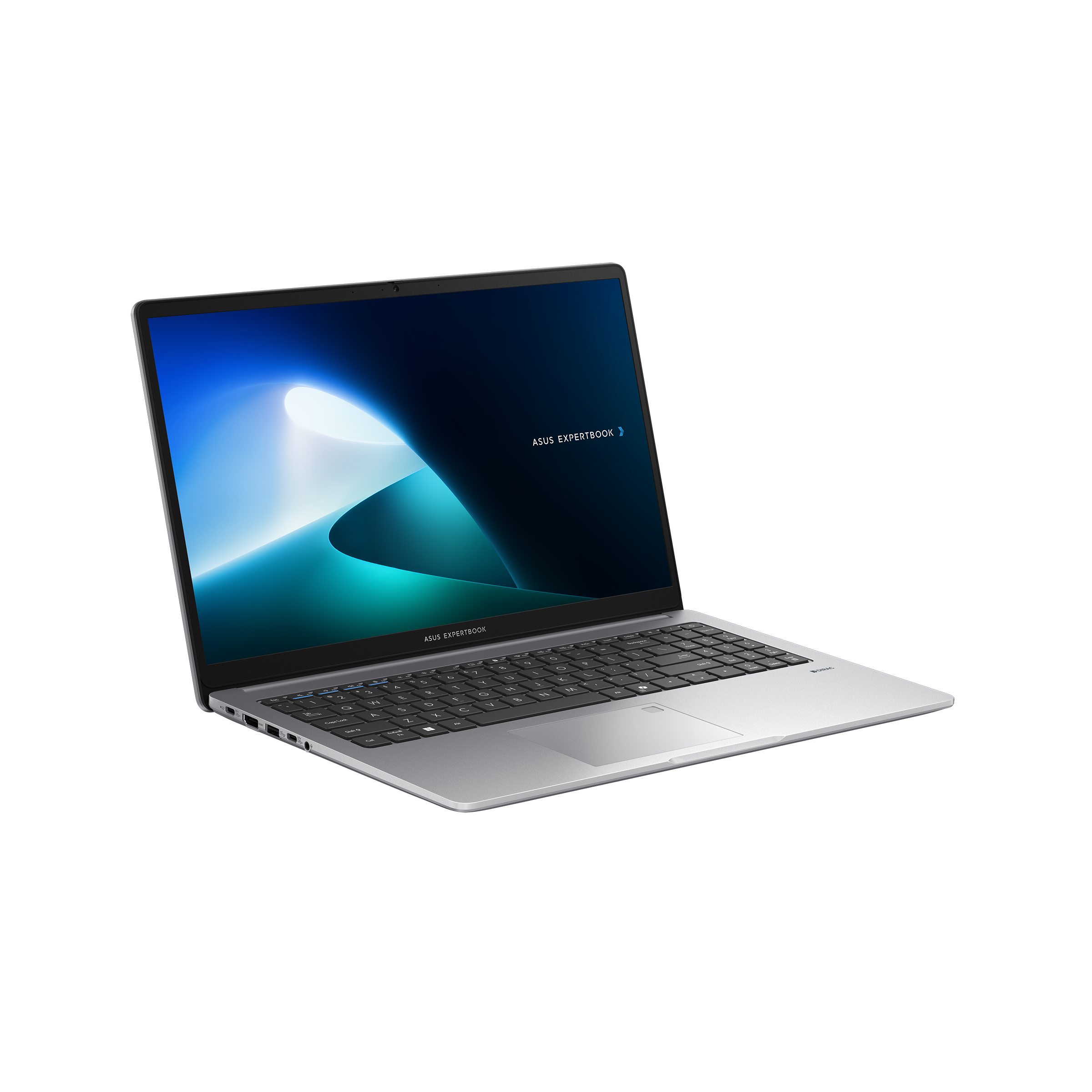 Laptop argento, aperto su una superficie nera. Lo schermo mostra una sfumatura blu e il logo ASUS Expertbook.