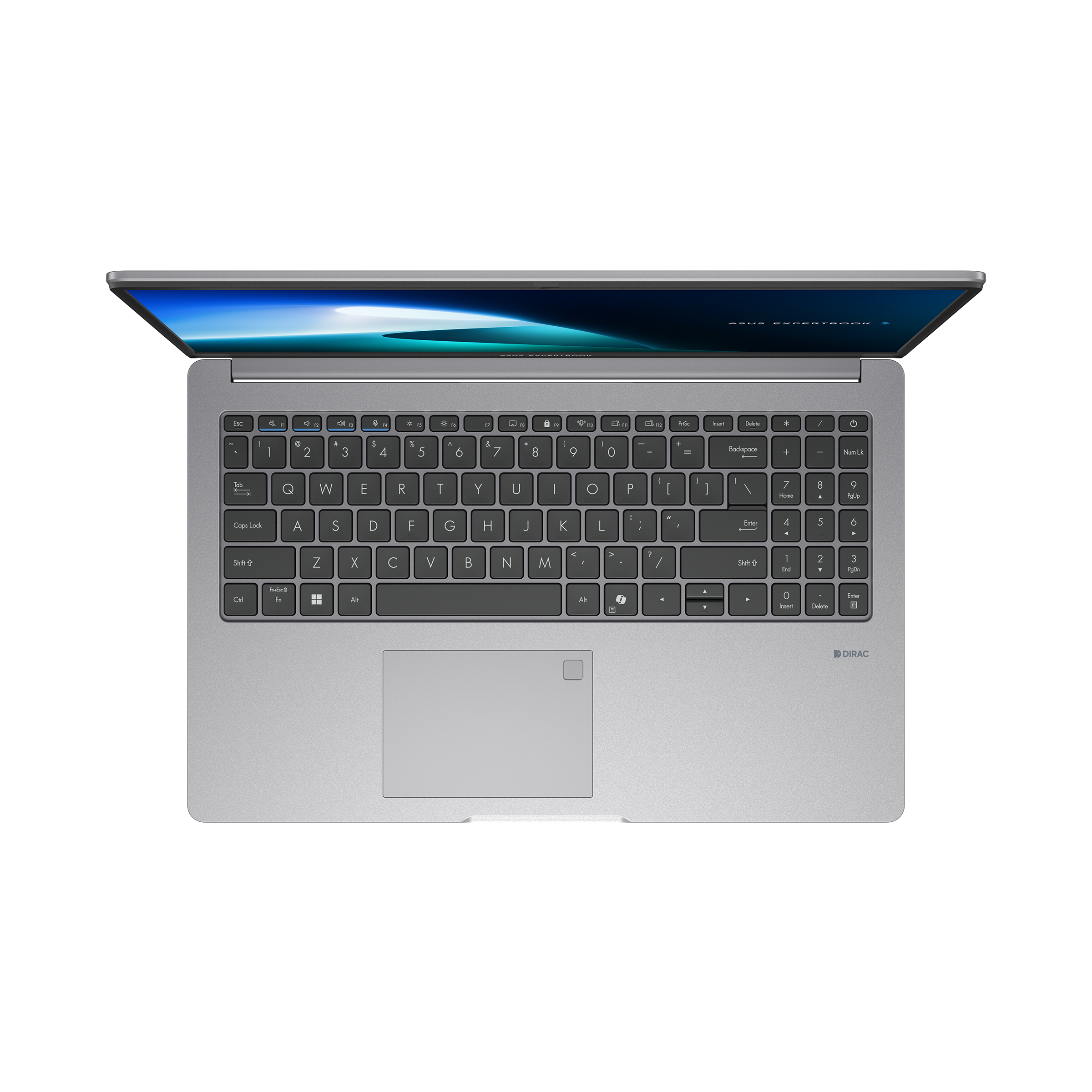 Laptop con coperchio aperto, tastiera e touchpad. Vista dall'alto su sfondo nero.