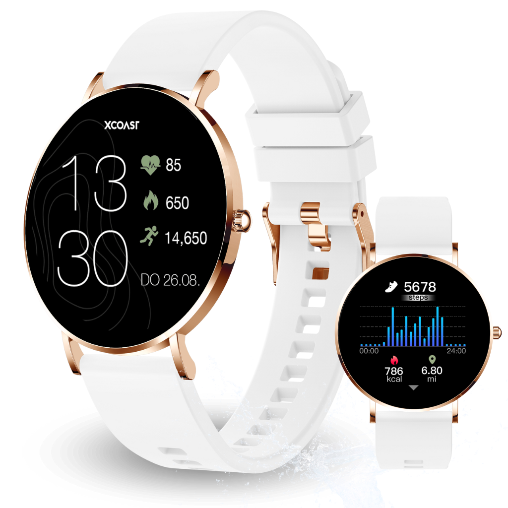 Weiße Smartwatch mit weißem Armband und eine zweite kleine Smartwatch. Die Uhr zeigt Statistiken. Hintergrund weiß.