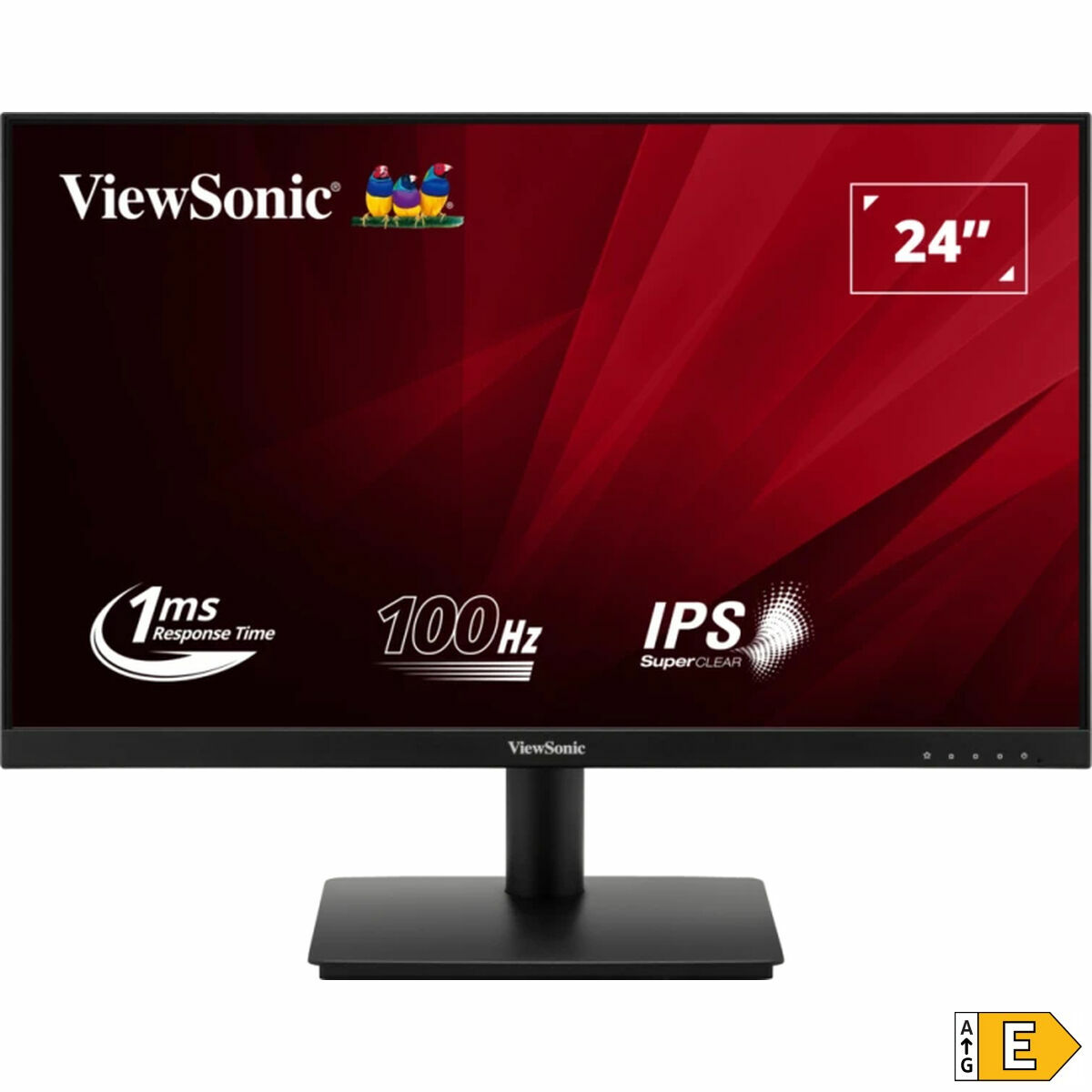 Monitor nero con logo ViewSonic, mostra testo e grafica su sfondo rosso.