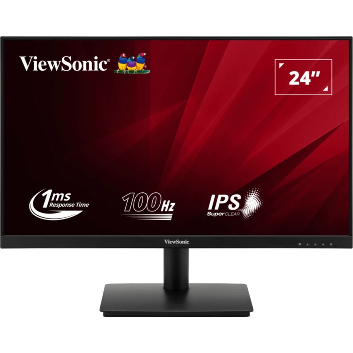 Un monitor per computer nero con sfondo rosso e il testo '24"' e 'ViewSonic'.