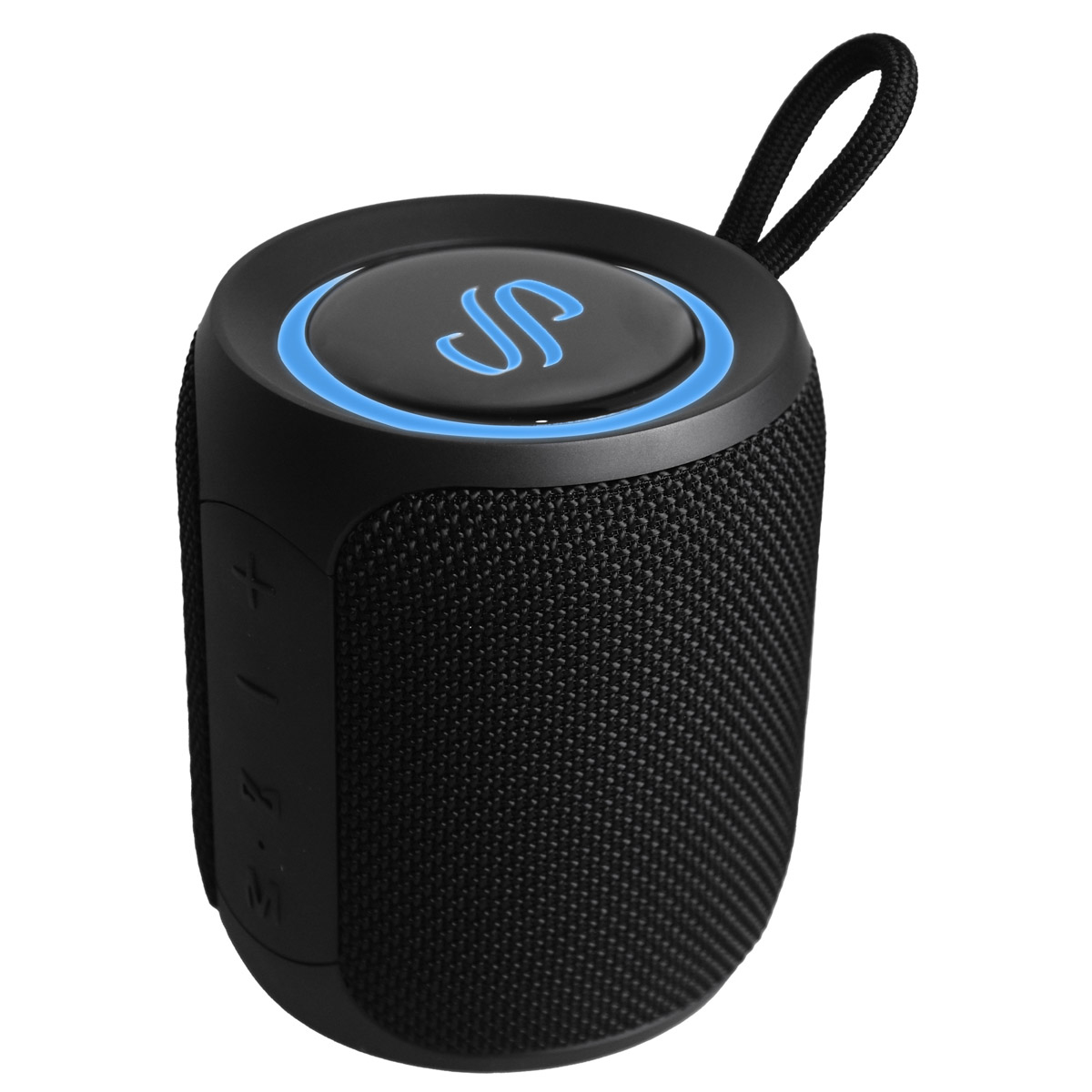 Zwarte cilindrische Bluetooth-luidspreker met blauw licht rond de bovenkant. Witte achtergrond.