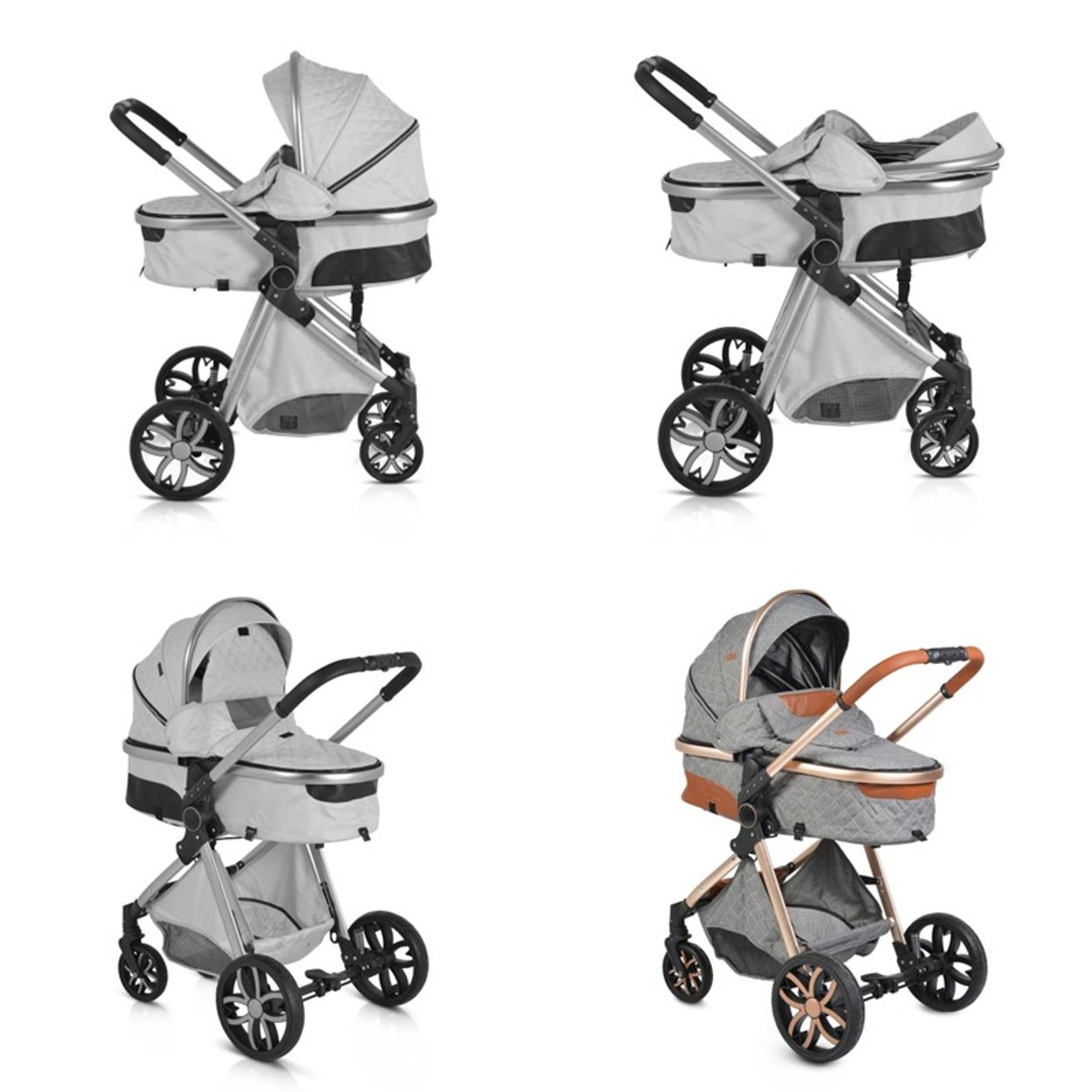 Vier Kinderwagen in verschiedenen Farben und Stilen.