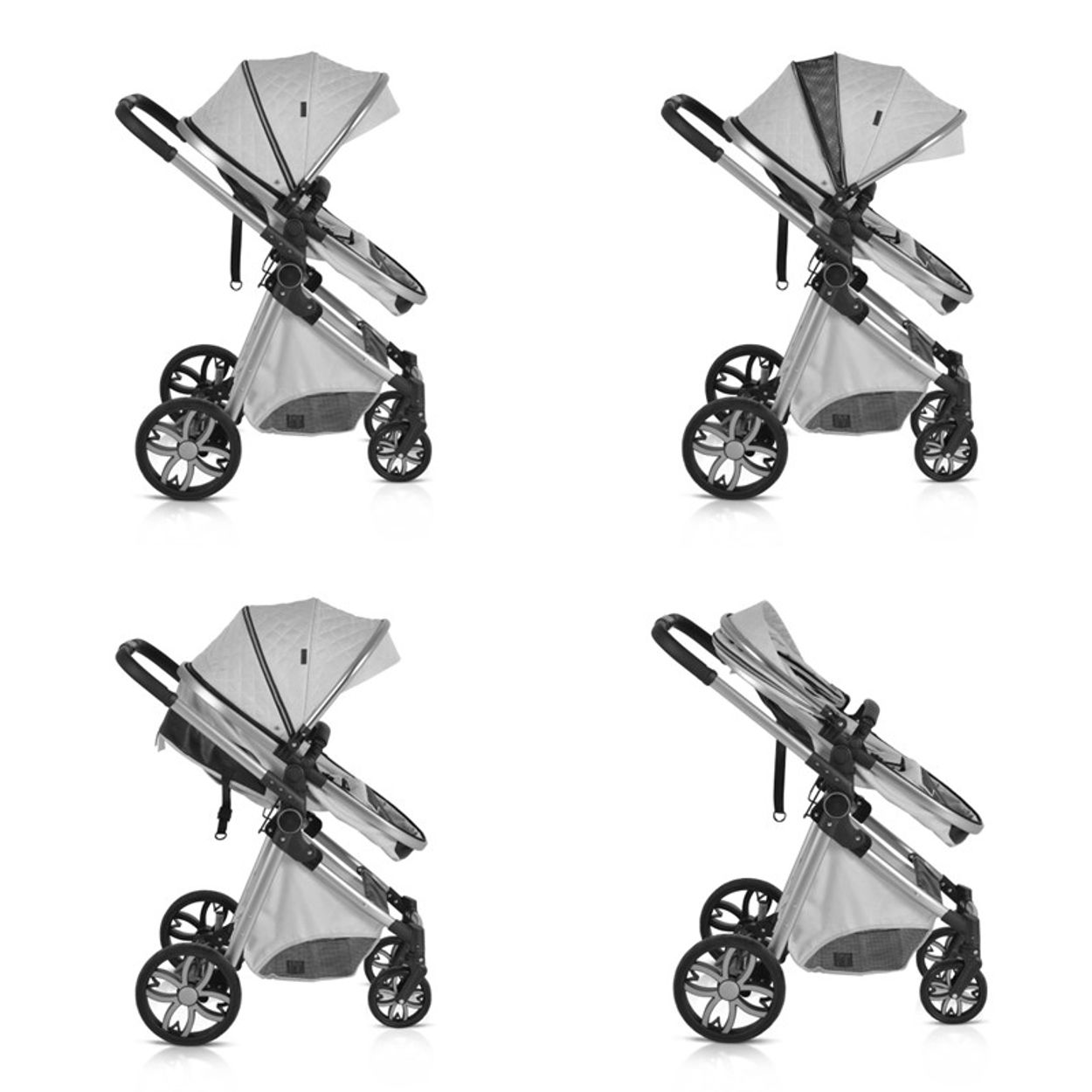 Vier Kinderwagen in verschiedenen Positionen, alle hellgrau und silber.