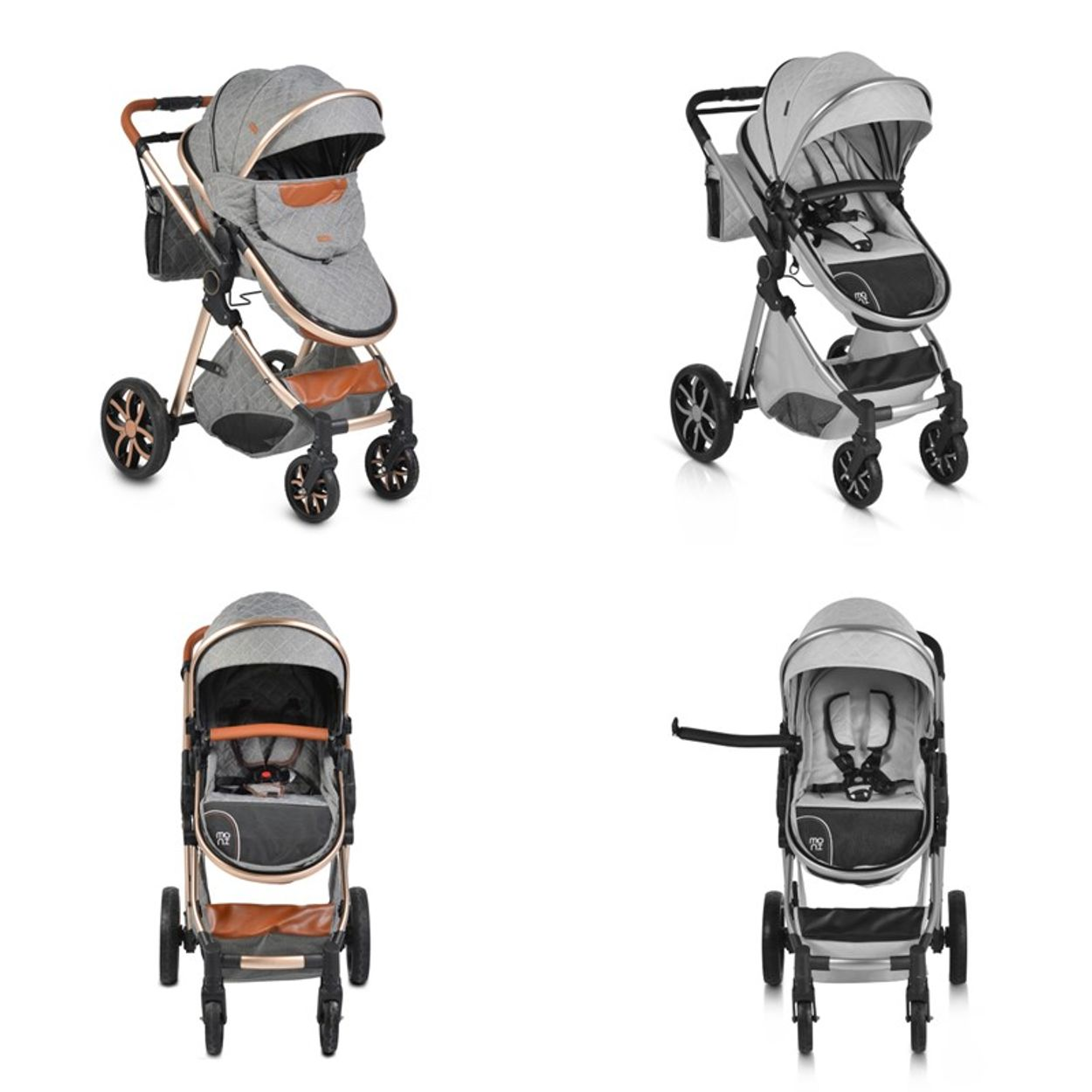 Vier Ansichten eines grauen Kinderwagens mit Funktionen wie Verdeck, Stauraum und Griff.