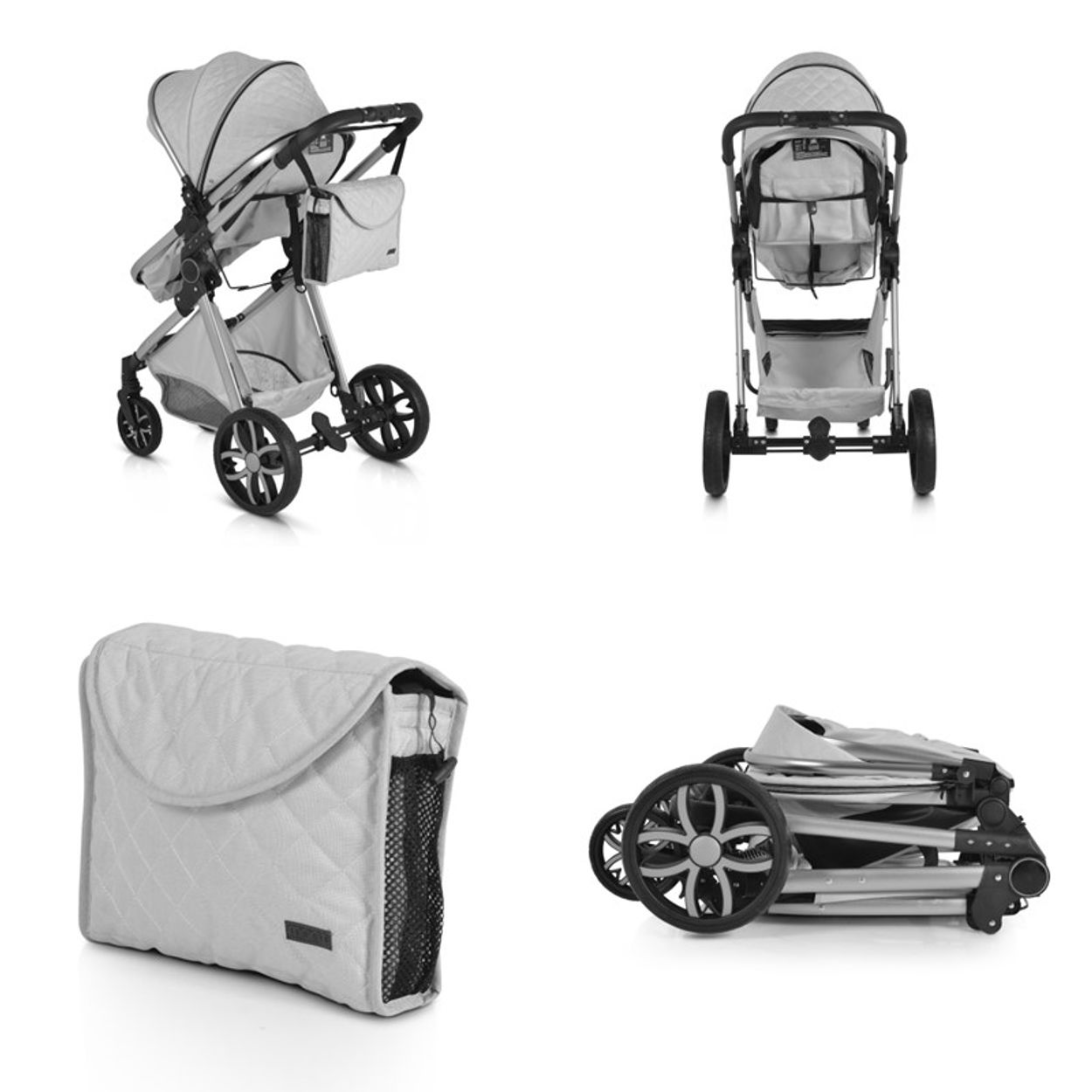 Grauer Kinderwagen in verschiedenen Ansichten: Seite, vorne und gefaltet. Auch eine graue Tasche.