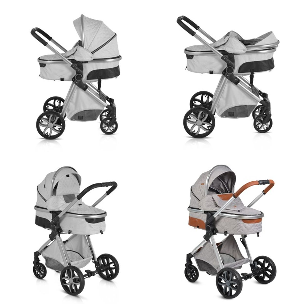 Vier Bilder von Babywagen in verschiedenen Konfigurationen; hellgrau und schwarz.