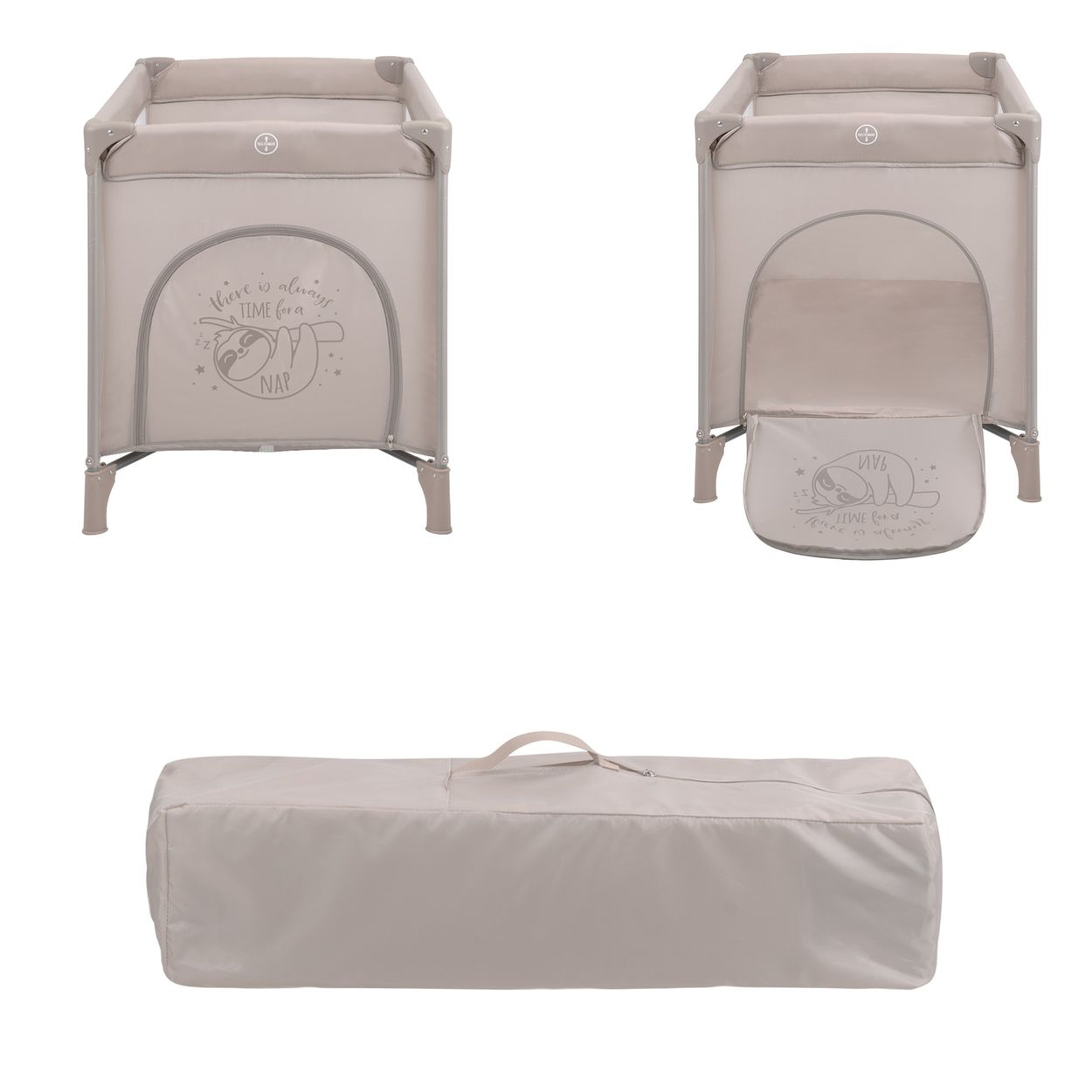 Drei Ansichten eines beigen Baby-Reisebetts mit Faultier-Design und einer Tragetasche.