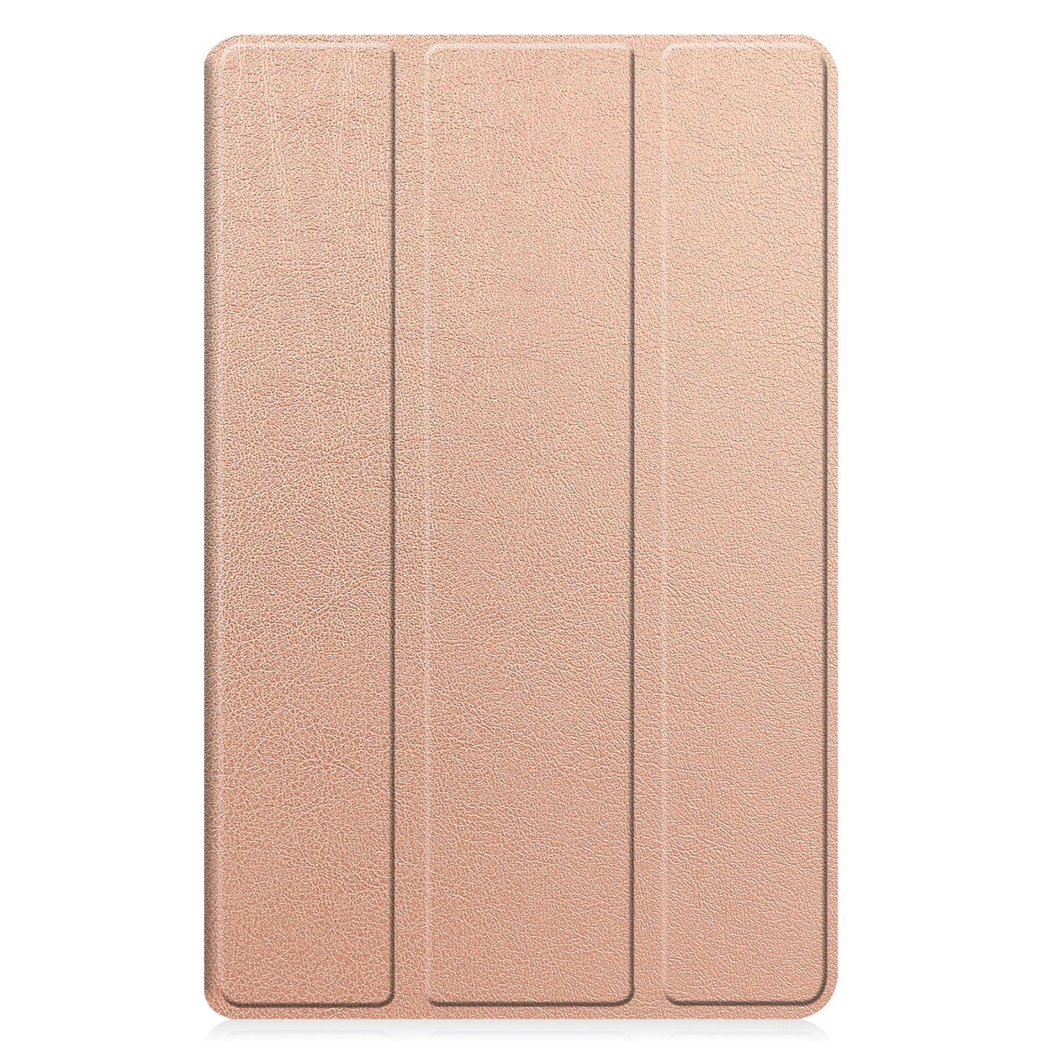 Eine geschlossene, roségoldfarbene Tablethülle. Die Oberfläche ist strukturiert.