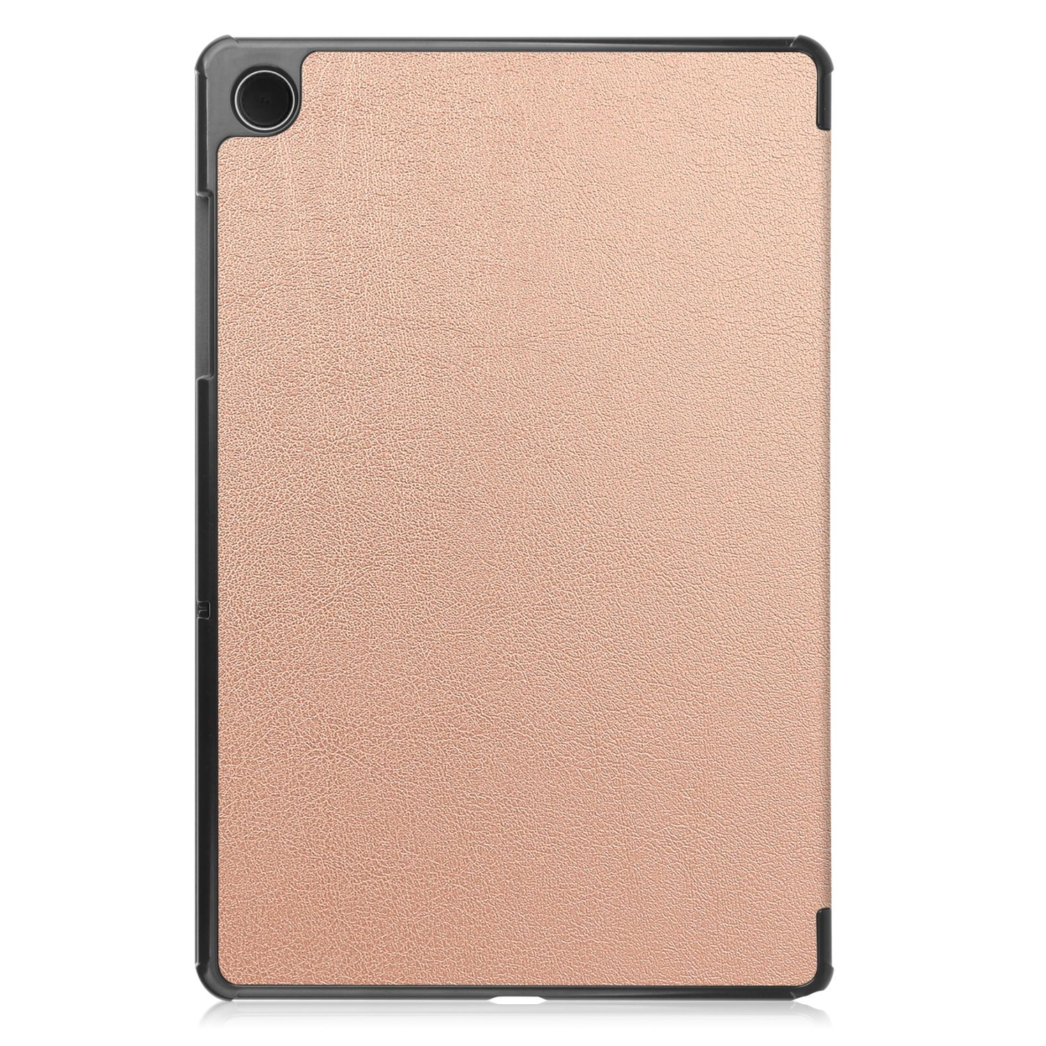 Roségoldfarbene Tablethülle. Sie hat einen schwarzen Rahmen. Die Hülle hat eine strukturierte Optik.