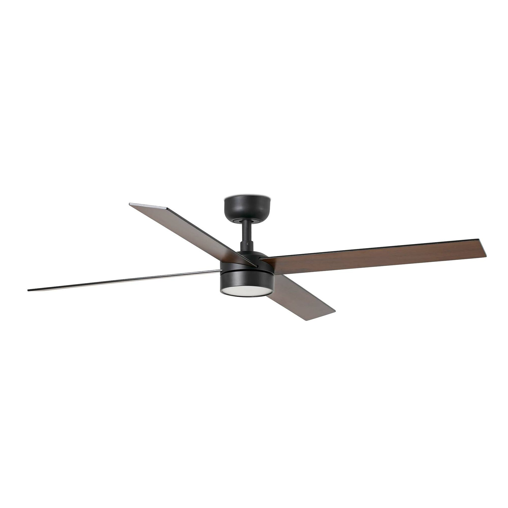 Ein Deckenventilator mit vier braunen Flügeln und einem schwarzen Motorgehäuse.