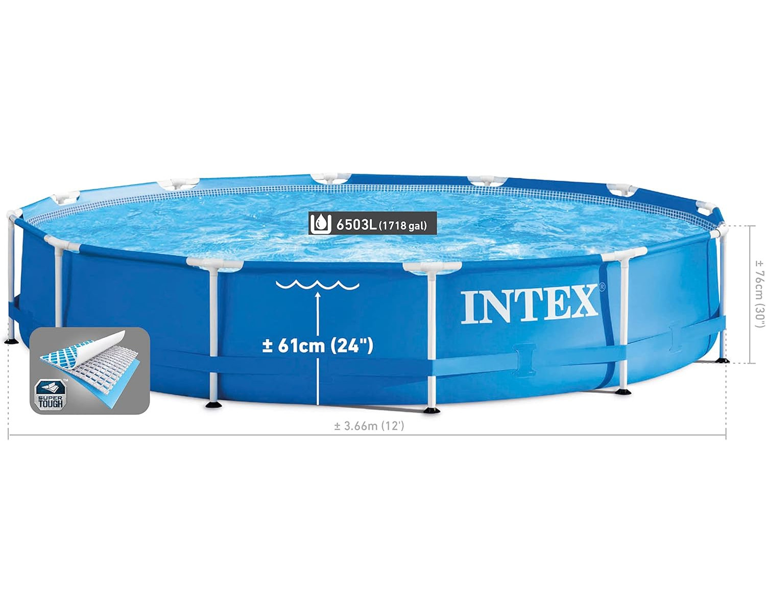 Blauer Intex-Aufstellpool mit Abmessungen und Nahaufnahme der Poolauskleidung.