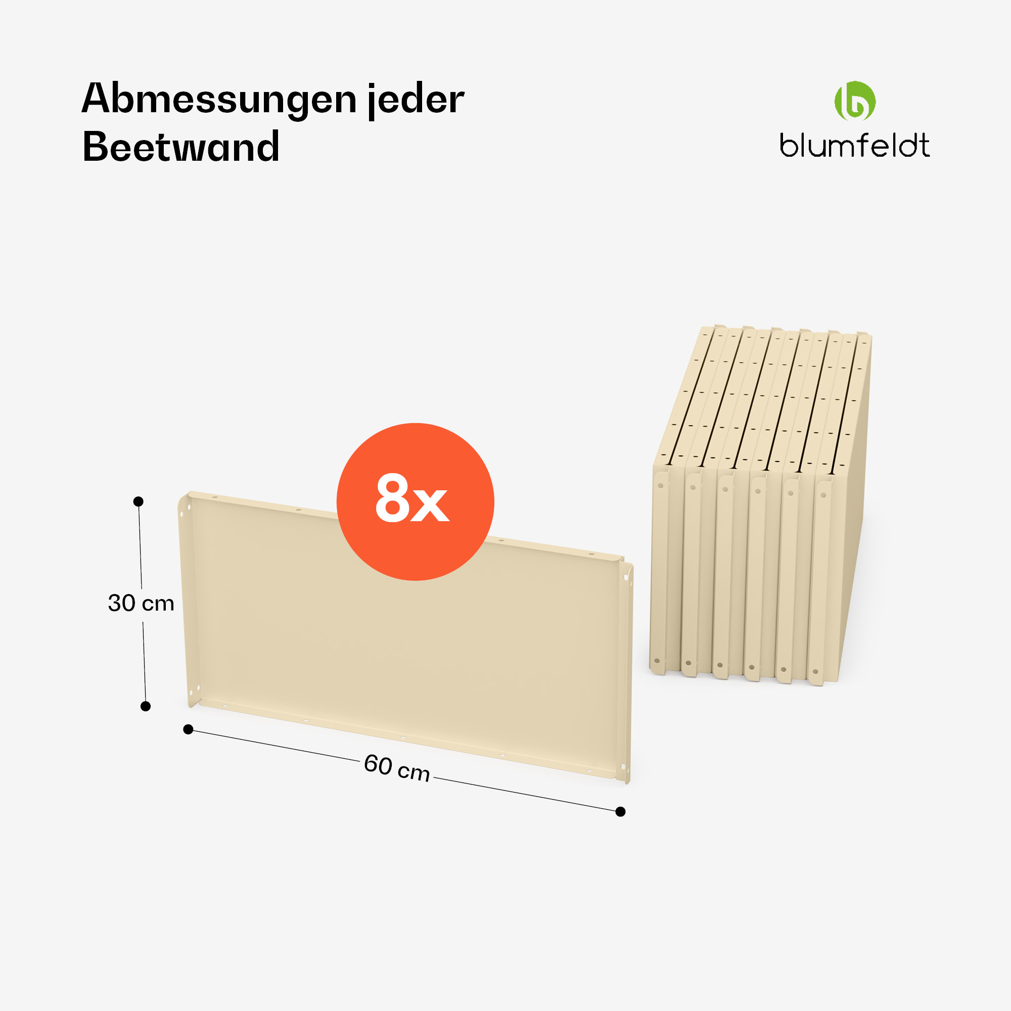 Acht beige Beetwand-Paneele mit Abmessungen. Der Text '8x' steht in einem roten Kreis.