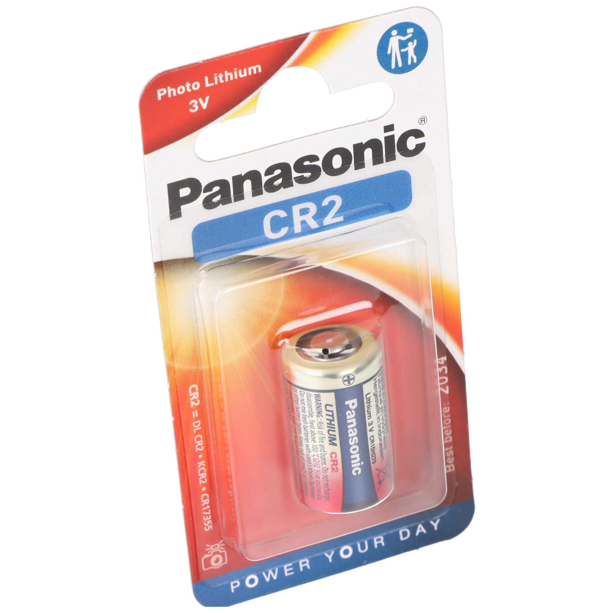 Une pile au lithium photo Panasonic CR2 3V dans un emballage transparent et rouge.