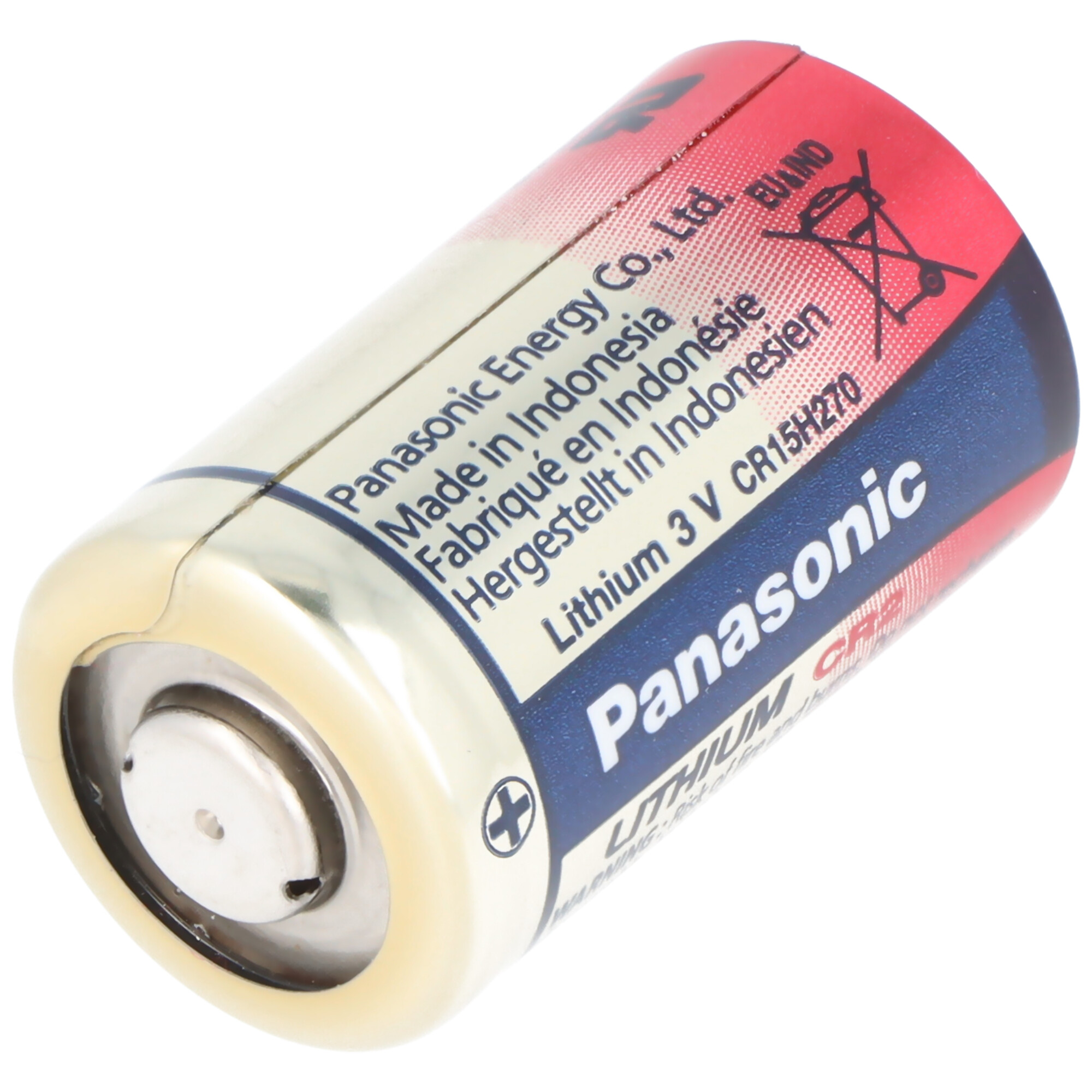 Une seule pile au lithium Panasonic avec des couleurs rouge et blanc. La pile est étiquetée.