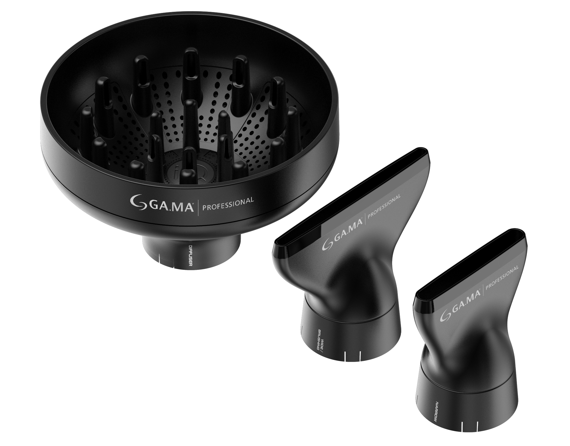 Czarne nasadki do suszarki do włosów: dyfuzor i dwie dysze koncentrujące na białym tle.