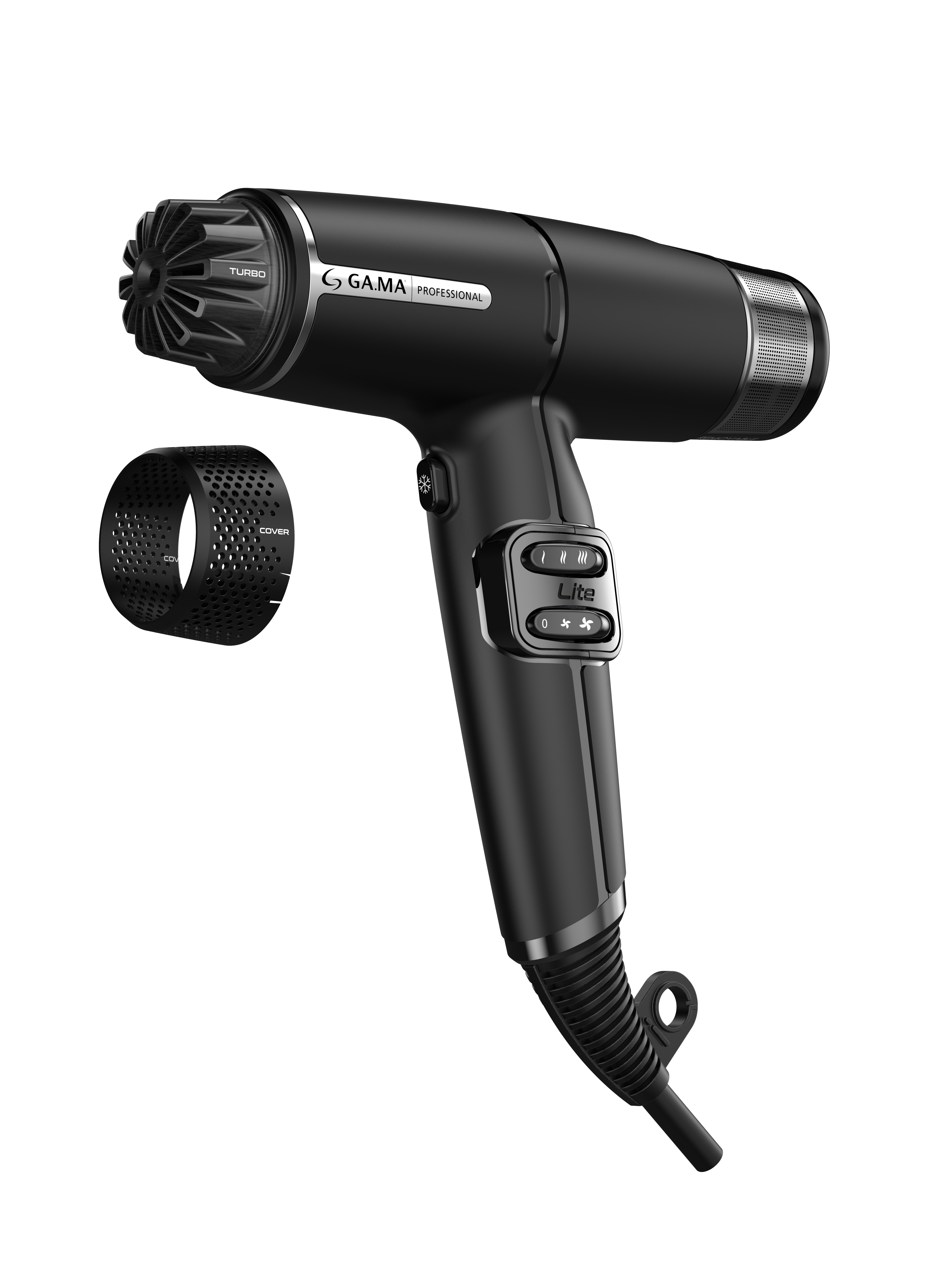 Czarna suszarka do włosów z nasadkami.  Ma przyciski do ustawień turbo, chłodzenia i ciepła. Białe tło.