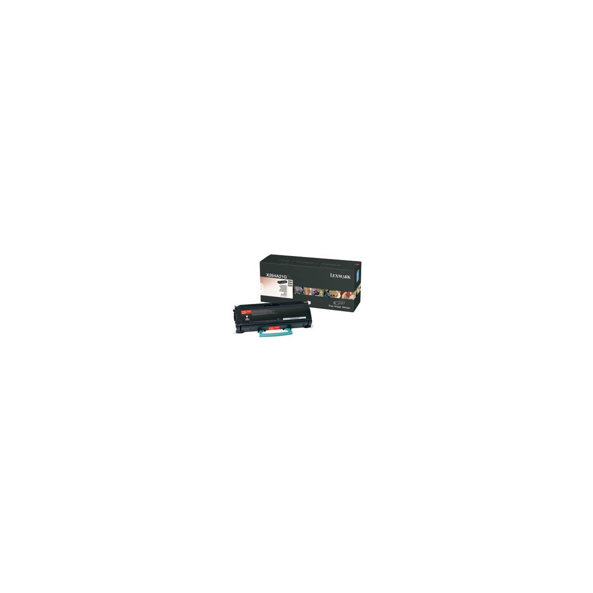 Scatola e toner per cartucce toner Lexmark nere e gialle. Sfondo bianco.