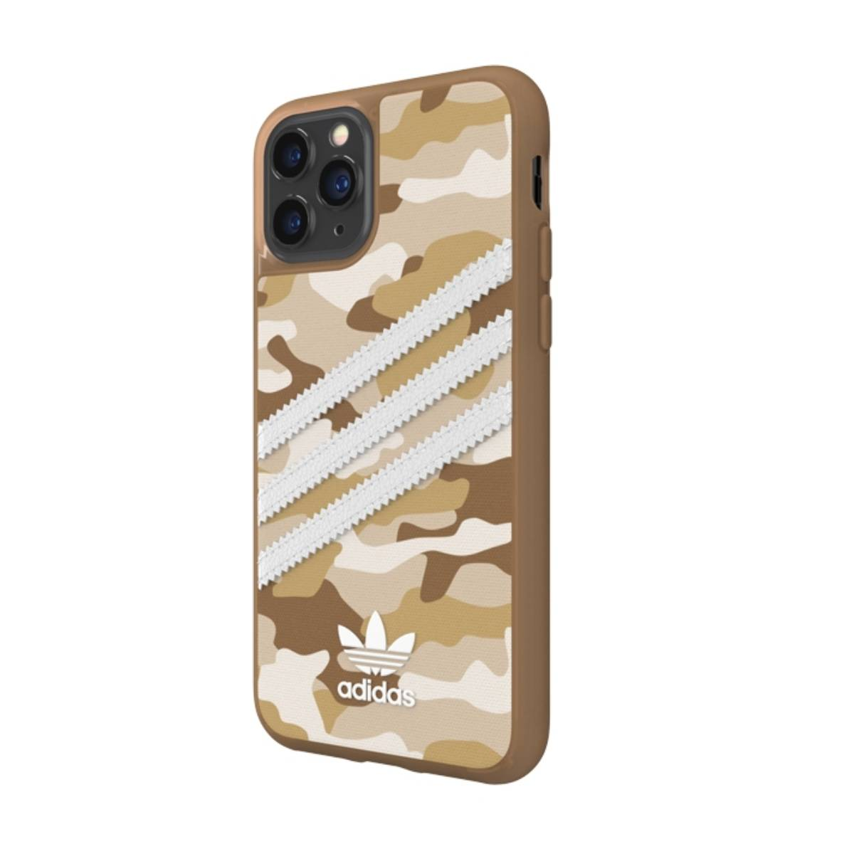 Custodia per telefono mimetica marrone e beige con strisce e logo Adidas. Sfondo bianco.