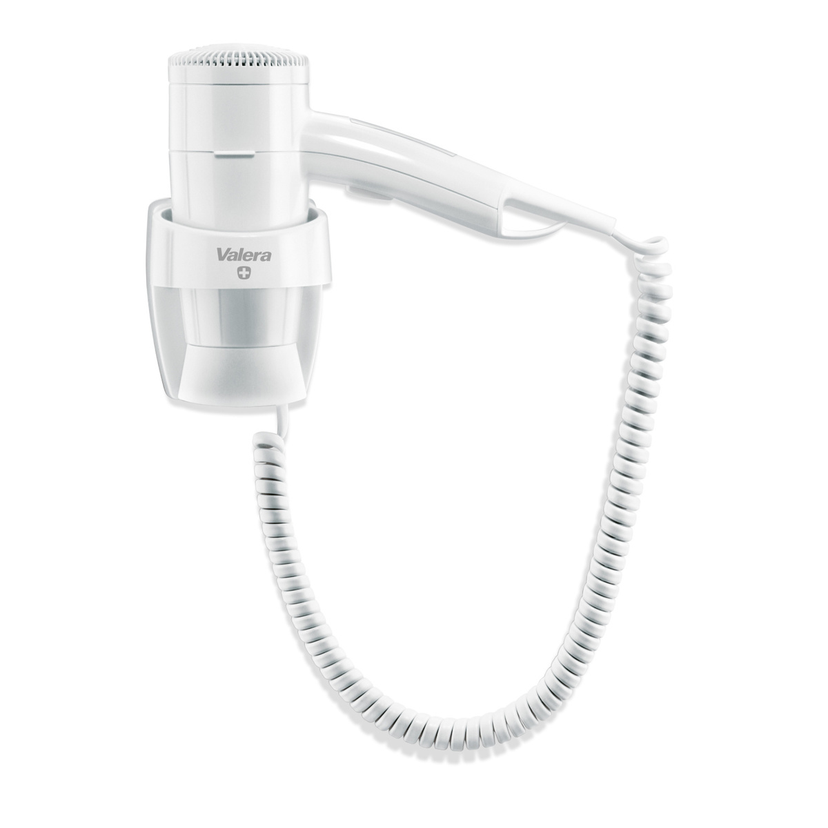 Asciugacapelli bianco a parete. Cavo a spirale bianco e supporto.