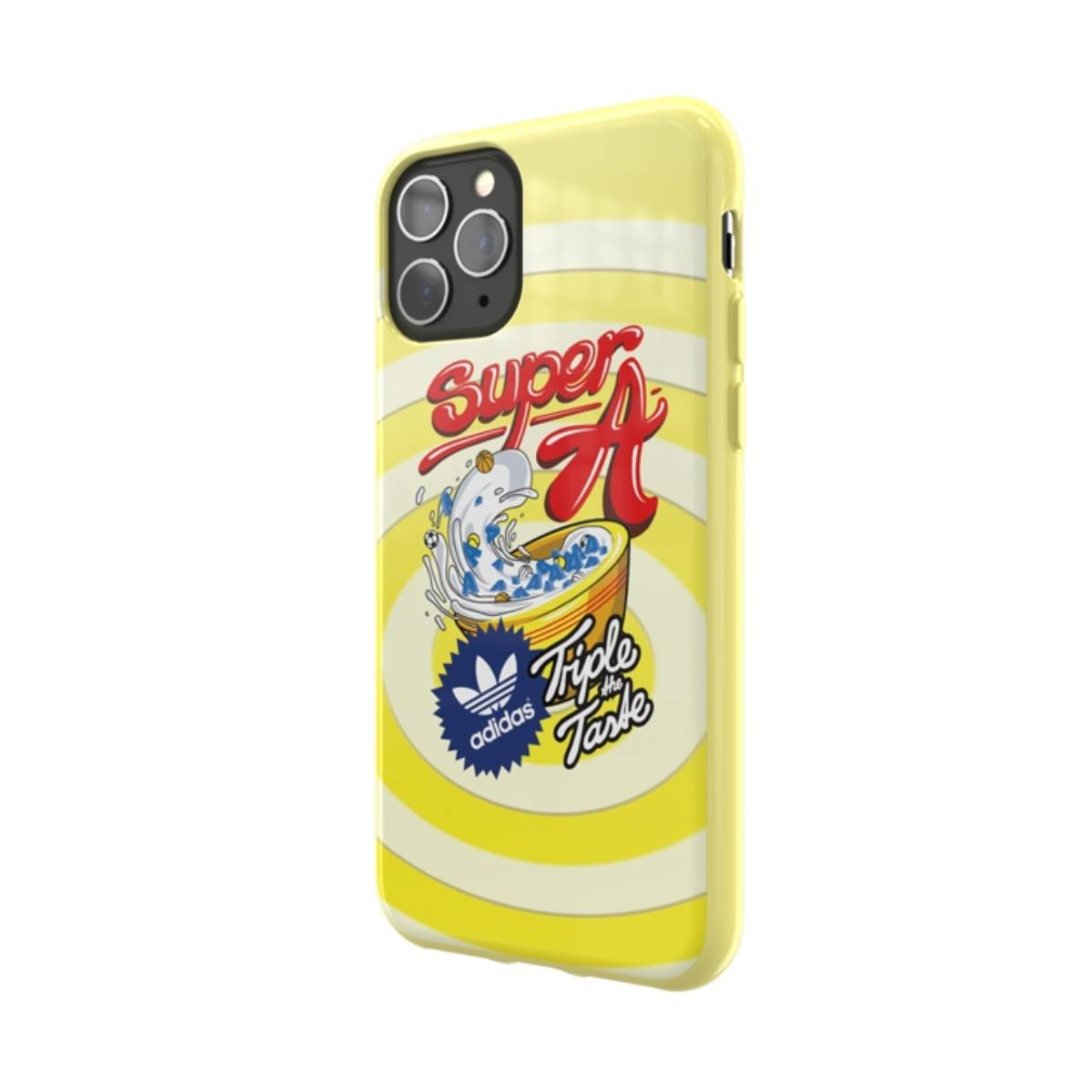 Custodia per telefono gialla con design Adidas. Sfondo bianco.