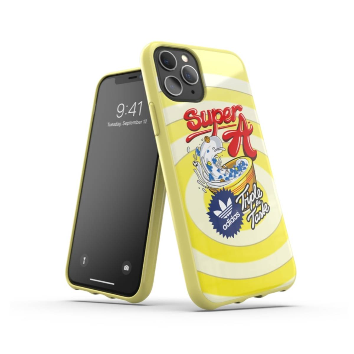 Una custodia per telefono gialla con un design che presenta una lattina di soda e un logo Adidas, con un telefono.