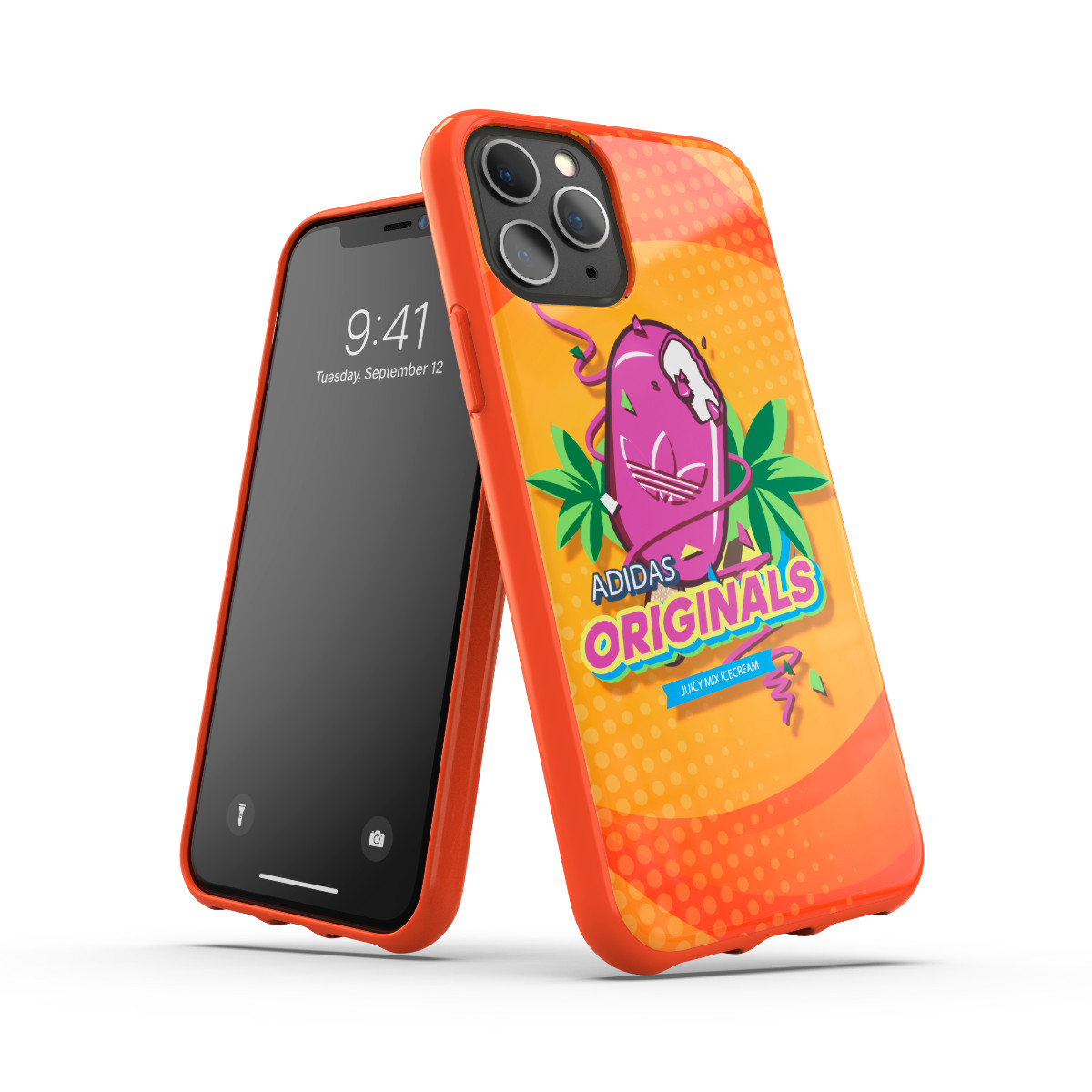 iPhone con una colorata custodia Adidas Originals, appoggiato ad un'altra su sfondo bianco.