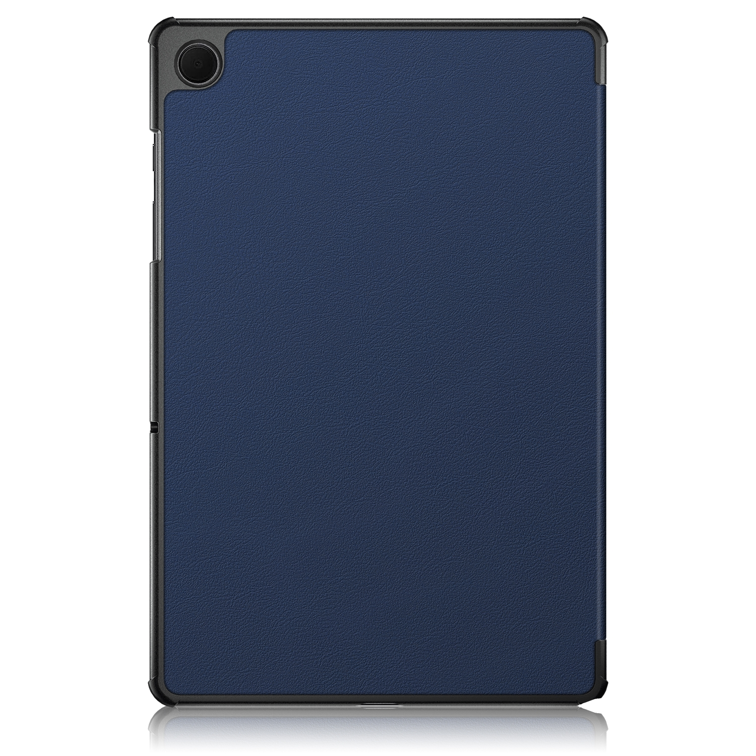 Eine blaue Tablethülle schützt ein schwarzes Tablet. Das Tablet ist vor weißem Hintergrund platziert.
