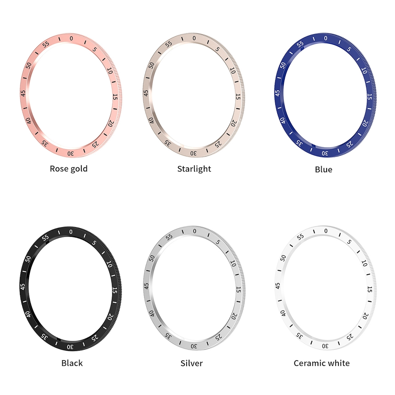 Sechs Uhrenlünetten: Roségold, Starlight, Blau, Schwarz, Silber und Keramikweiß, mit Zahlen.