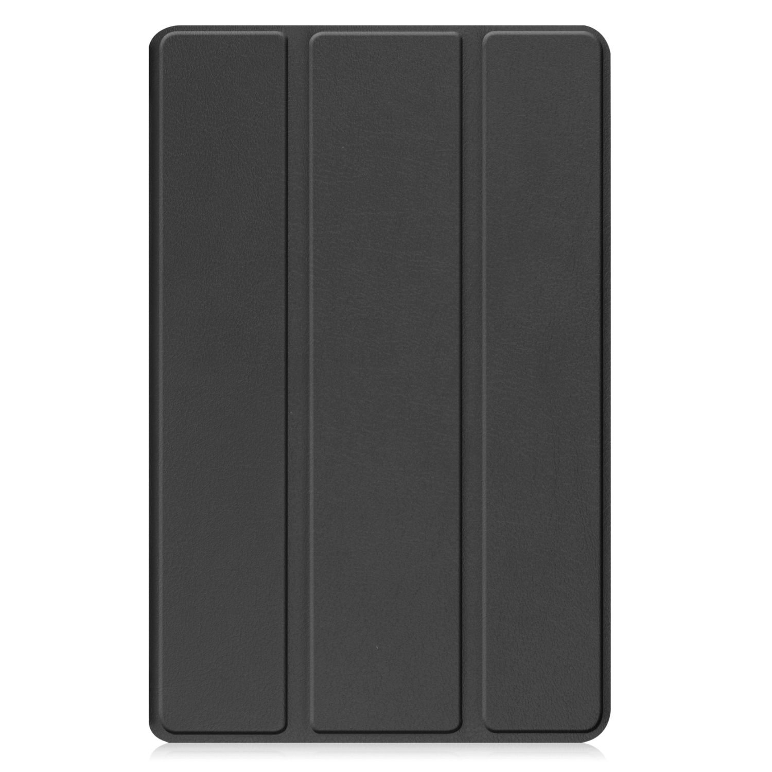 Eine geschlossene schwarze Tablethülle mit strukturierter Oberfläche. Die Hülle hat ein dreiteiliges Design.