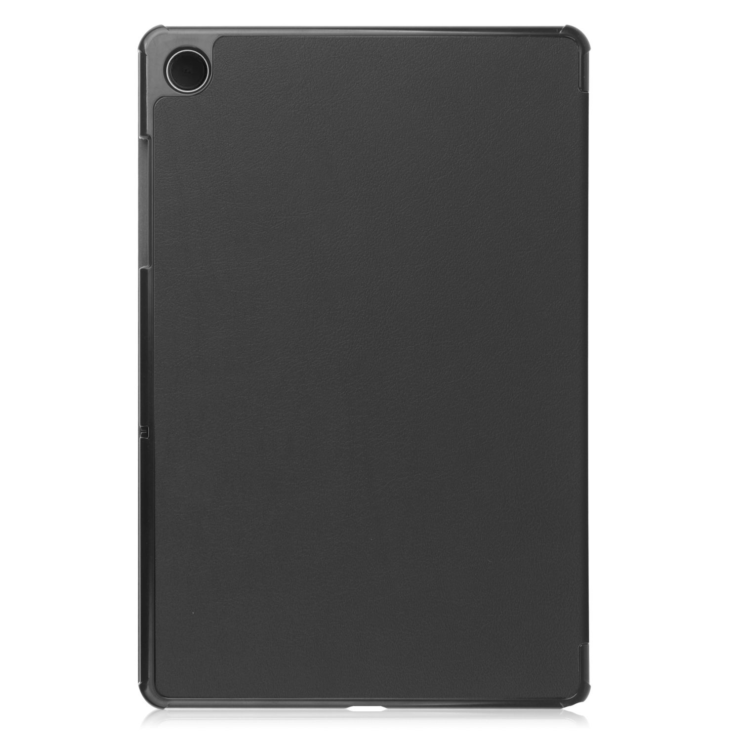 Schwarze Tablet-Hülle. Die Hülle ist geschlossen. Weißer Hintergrund.