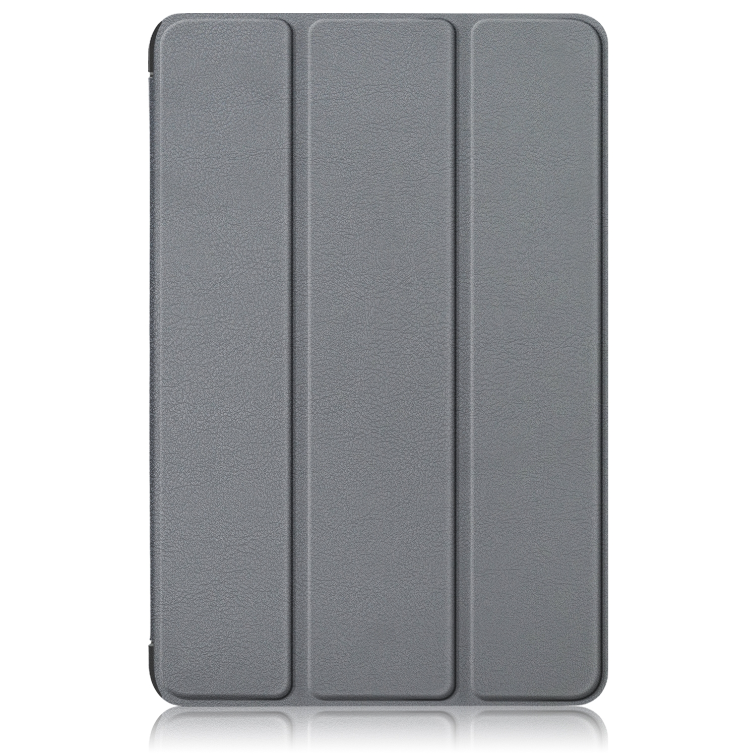 Graue Tablet-Hülle. Sie hat drei Paneele und eine glatte, strukturierte Oberfläche.