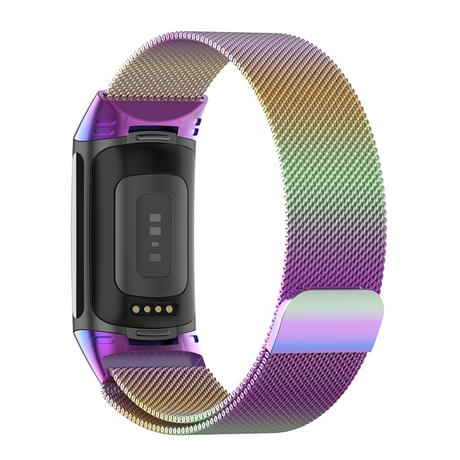 Smartwatch-Armband in schillernden Farben. Es ist ein Mesh-Band. Schwarzes Uhrengehäuse ist befestigt.