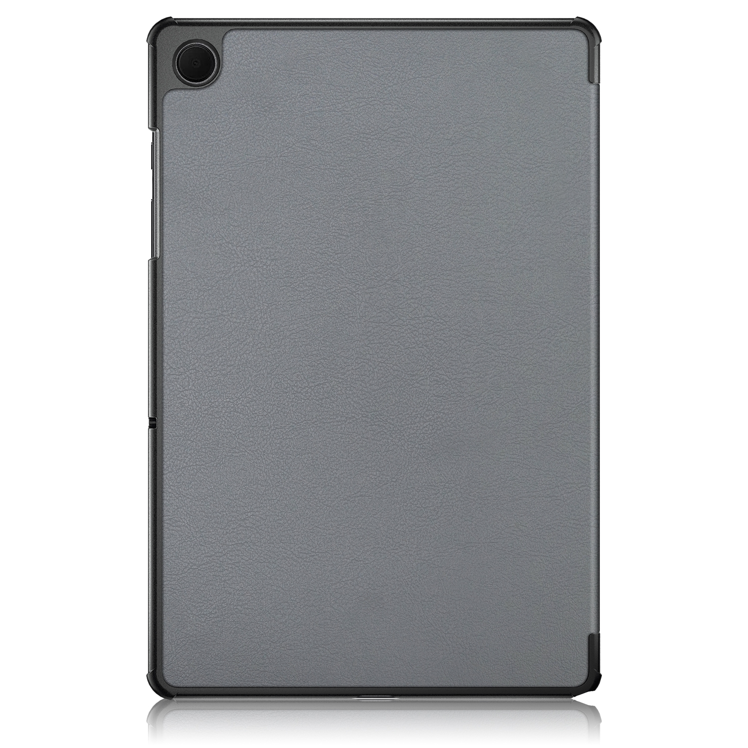 Tablethülle, grau, geschlossen. Die Hülle hat ein schlankes Design und einen schwarzen Rahmen.