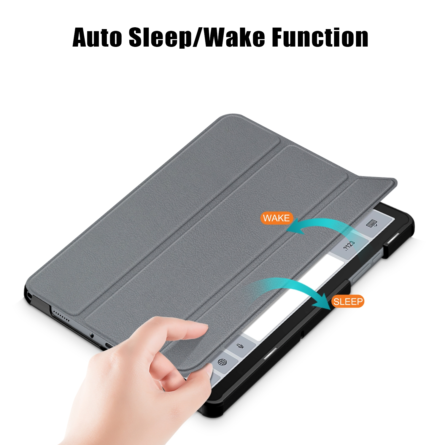 Hand hält eine graue Tablet-Hülle. Die Hülle hat eine magnetische Schlaf-/Weckfunktion.