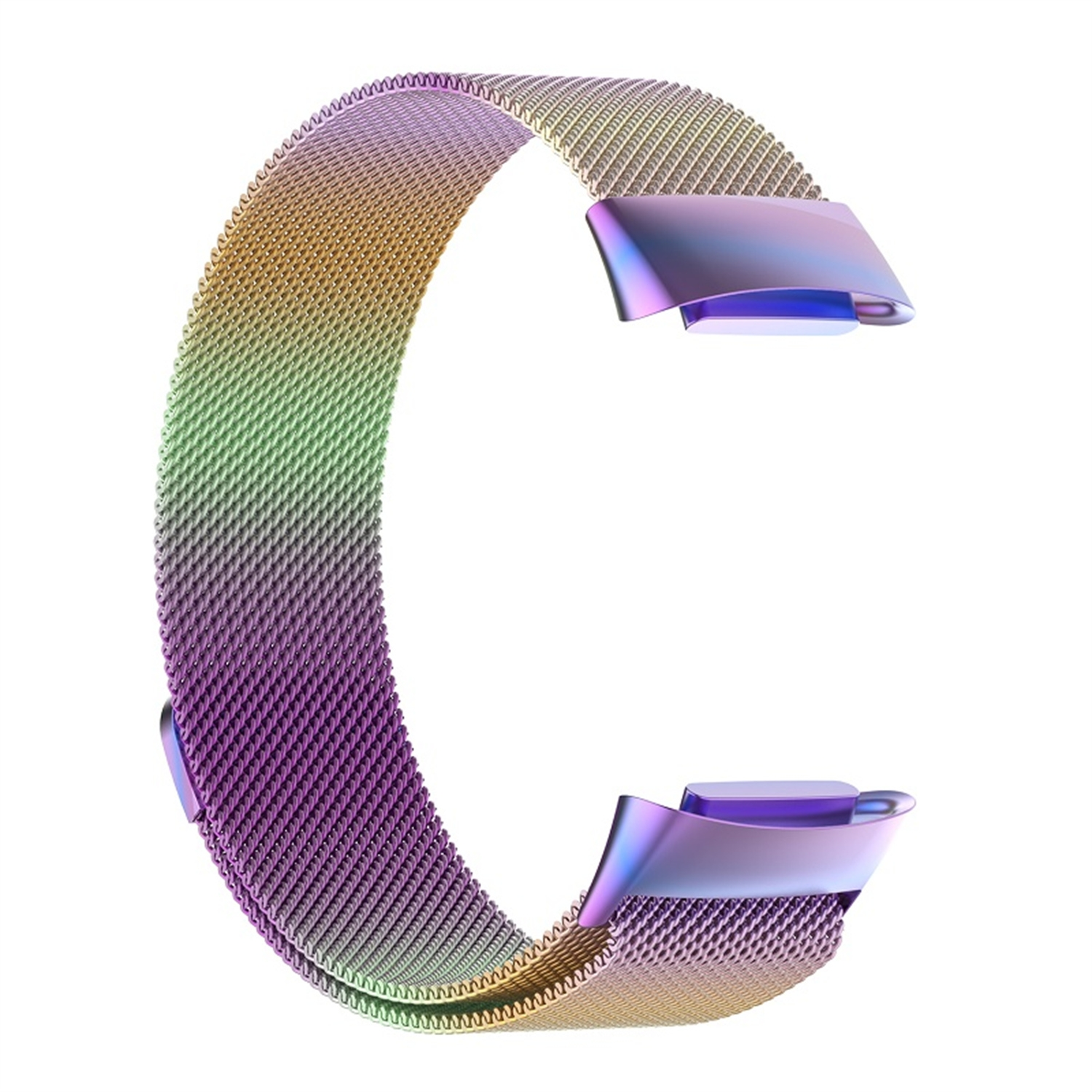 Ein farbenfrohes, irisierendes Uhrenarmband in C-Form, isoliert auf weißem Hintergrund.