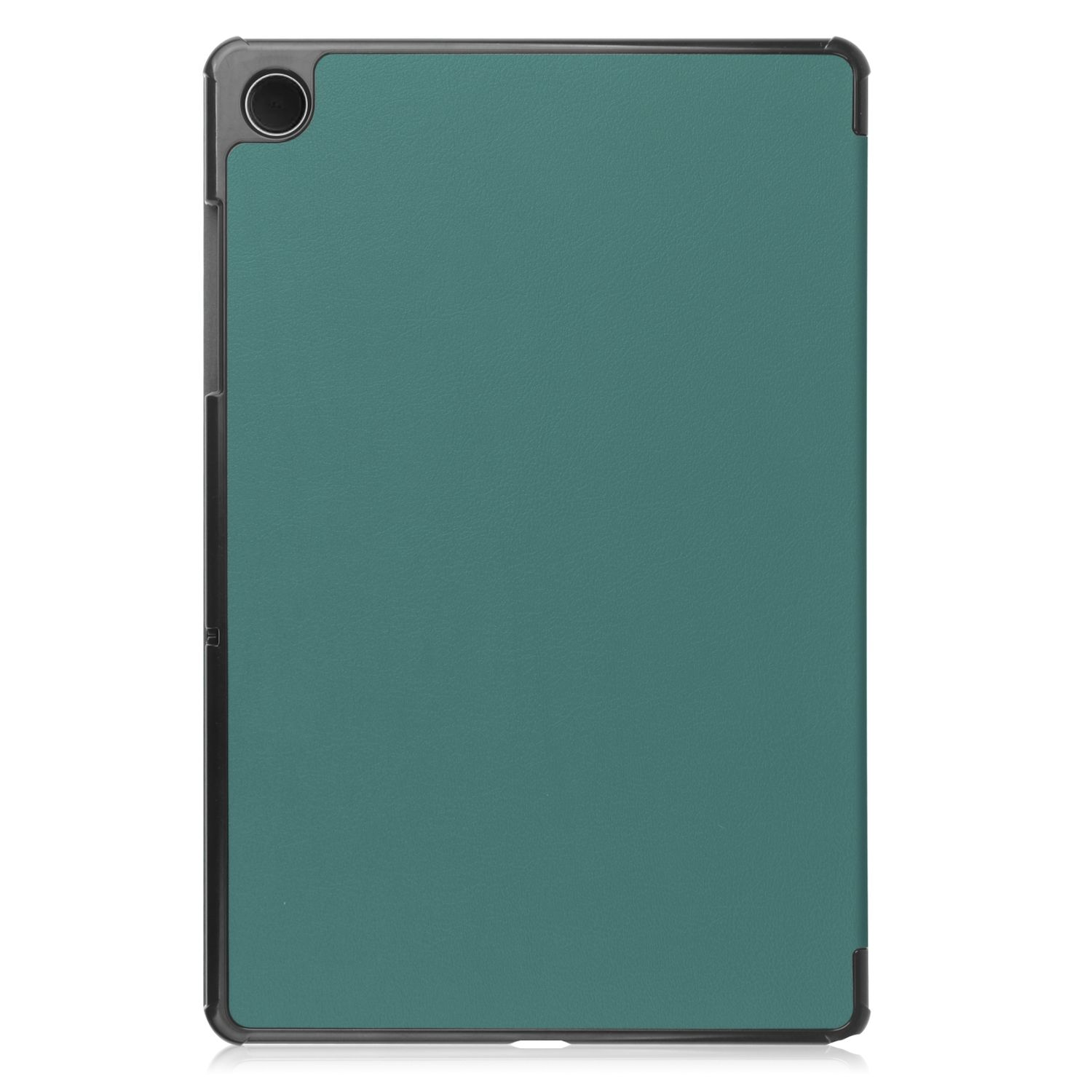 Eine teal Tablet-Hülle. Die Hülle ist geschlossen und zeigt die Rückseite mit einem Kameraausschnitt. Schwarzer Rahmen.