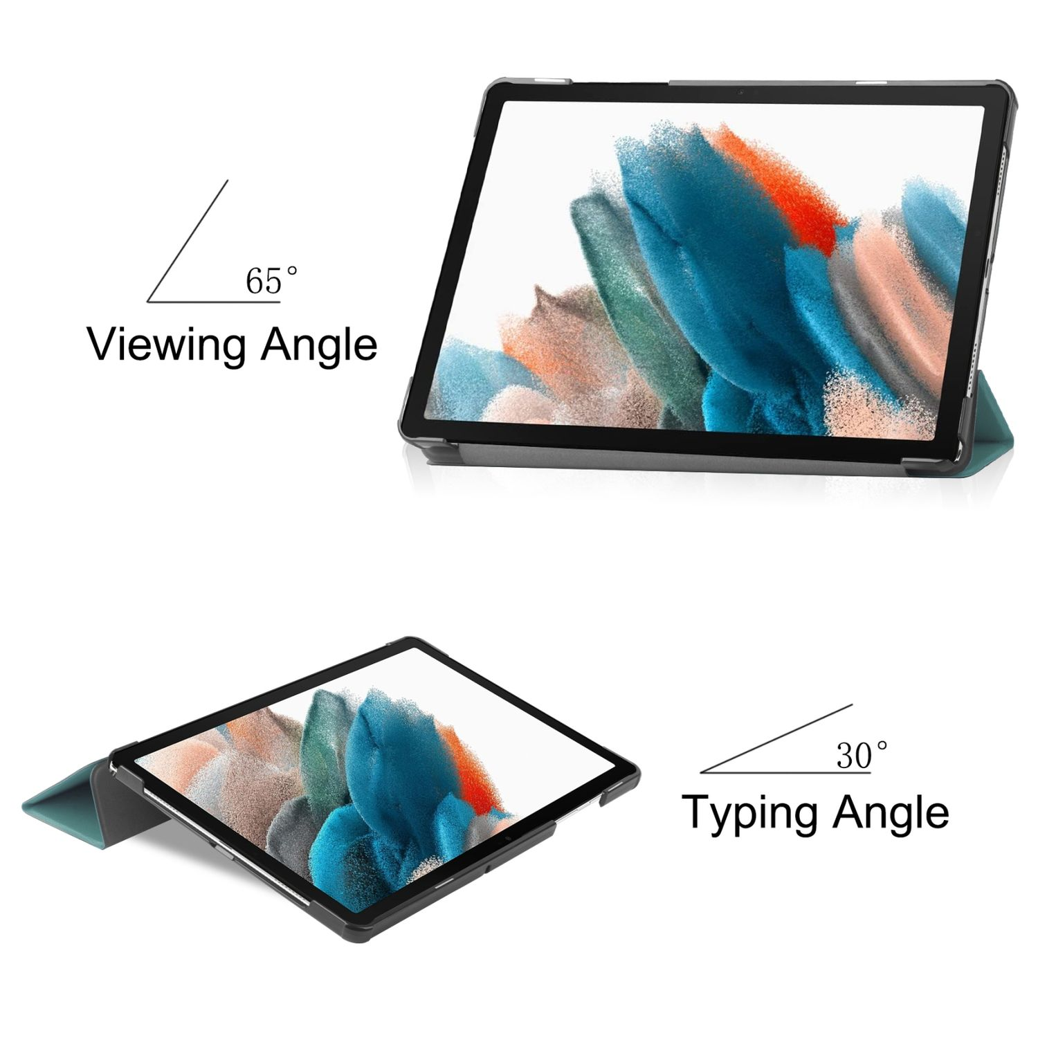 Tablet in einem Gehäuse, dargestellt in einem Betrachtungswinkel von 65 Grad und einem Schreibwinkel von 30 Grad.
